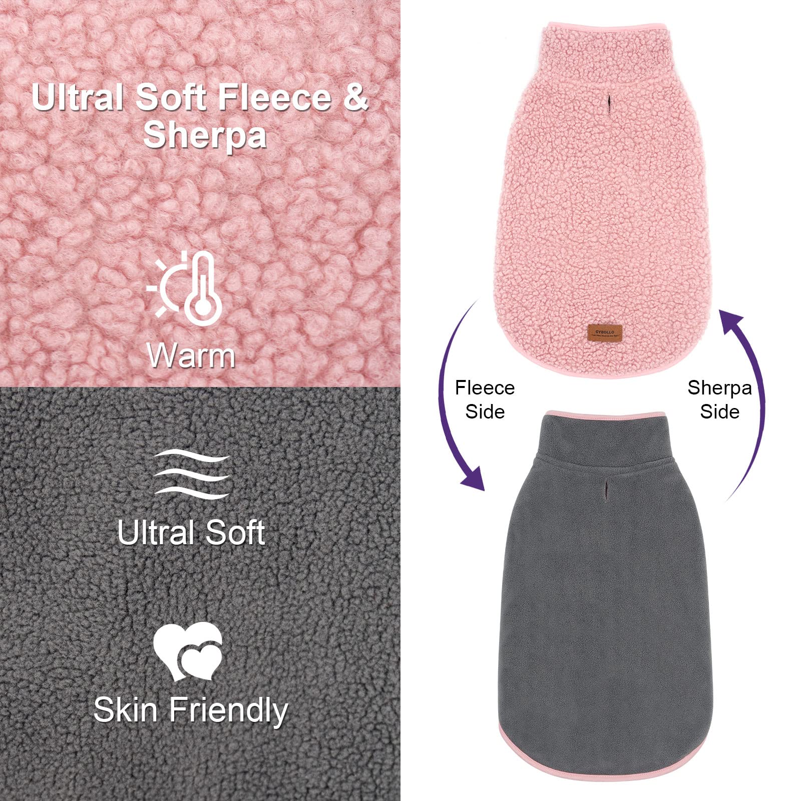 cyeollo Abrigo de invierno reversible para perro, chaqueta de cuello alto, suéter cálido de forro polar Sherpa para perro, chaleco para clima frío, abrigos para perros pequeños, ropa rosa