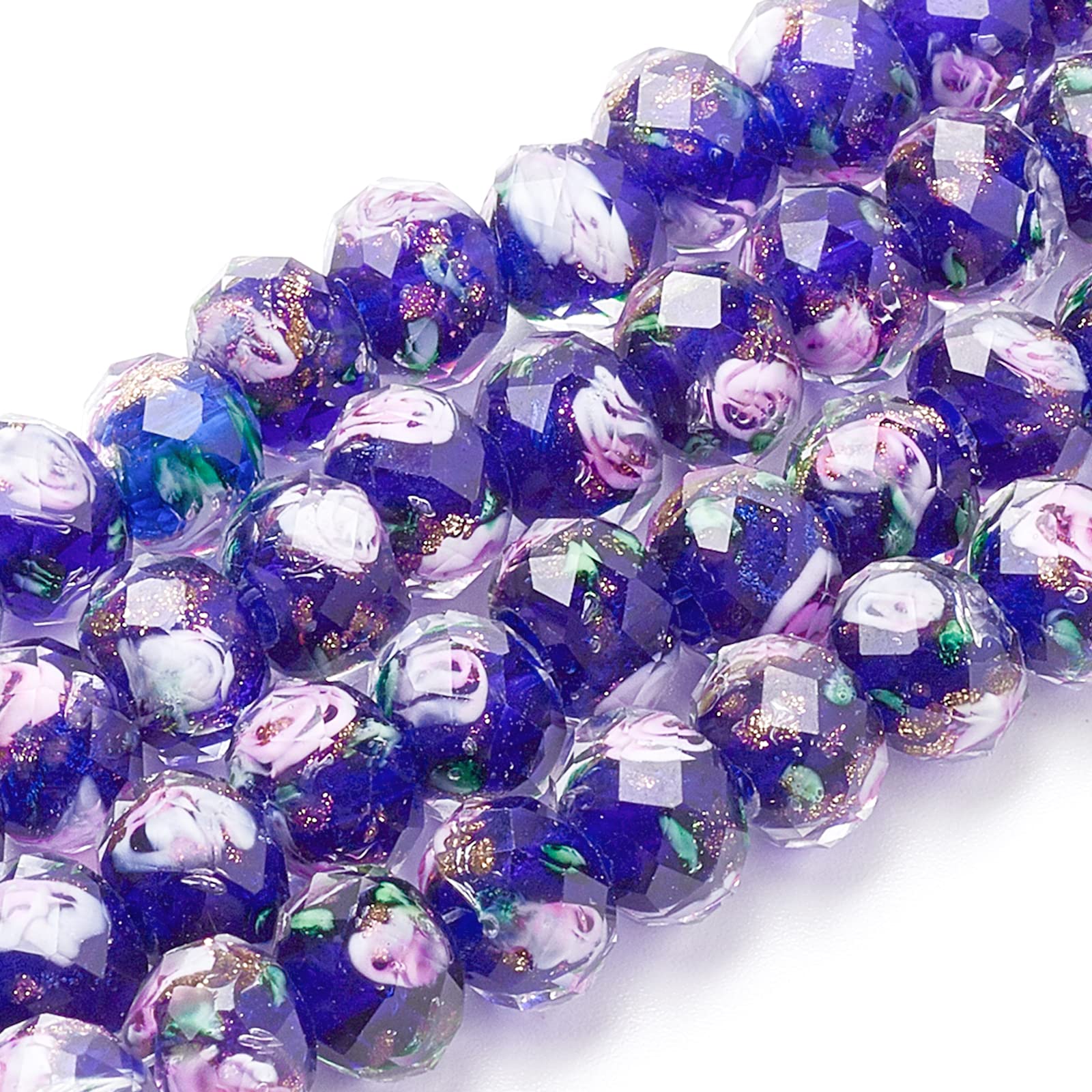 PH PandaHall 60pcs 8~10mm Midnight Blue Rose Lampwork Beads Gold Sand Glass Beads 2mm Hole Flower Glass Beads Floral Handmade Lampwork Beads Round Loose Beads for Rosary Making Jewelry Craft Making