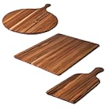 Teakwood Serving Boards Set of 3 - Includes a Regular Board, Round Serving Board and Paddle Cutting Board - Reversible, Edge Grain, Knife Friendly - FSC Certified