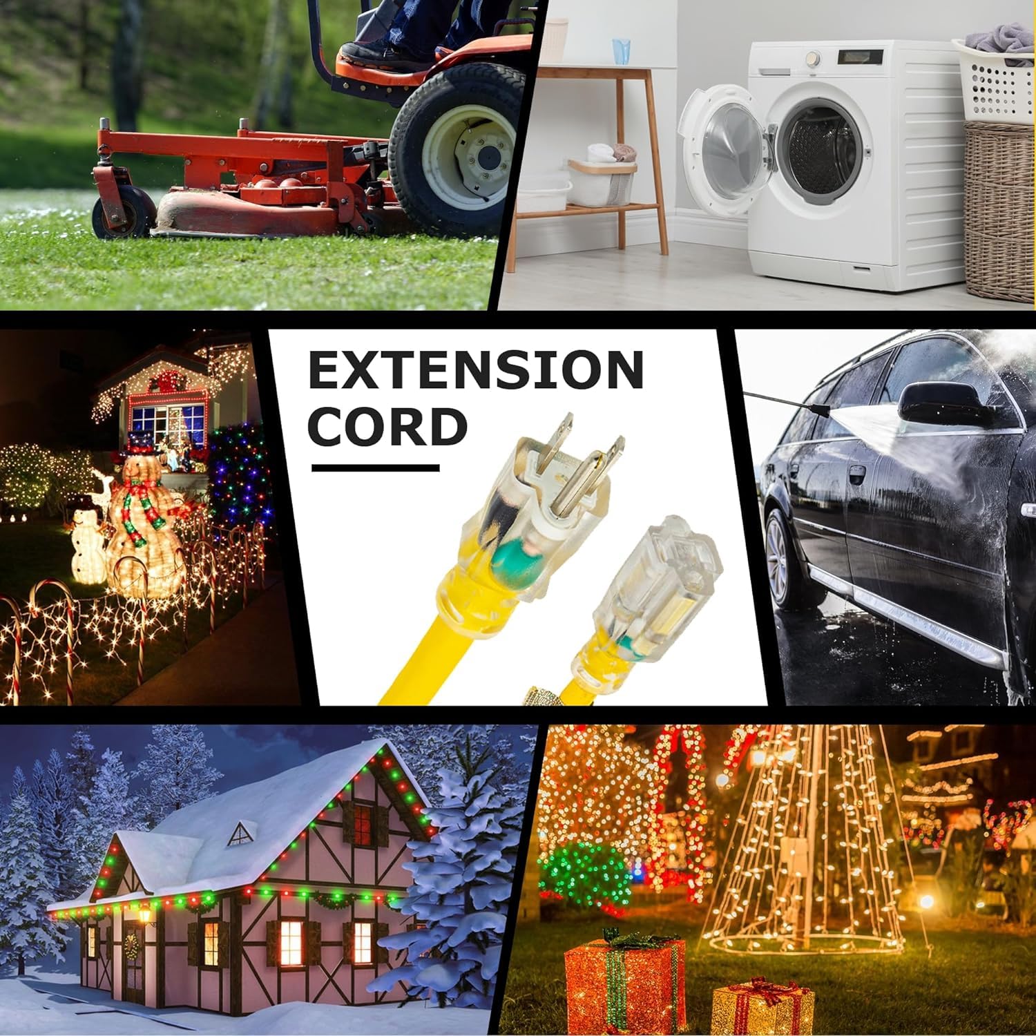 YOJOE - Cable de extensión para interiores y exteriores con extremo iluminado, cable de alimentación resistente a la intemperie de 3 clavijas, calibre 10, cable de extensión amarillo de 50 pies para