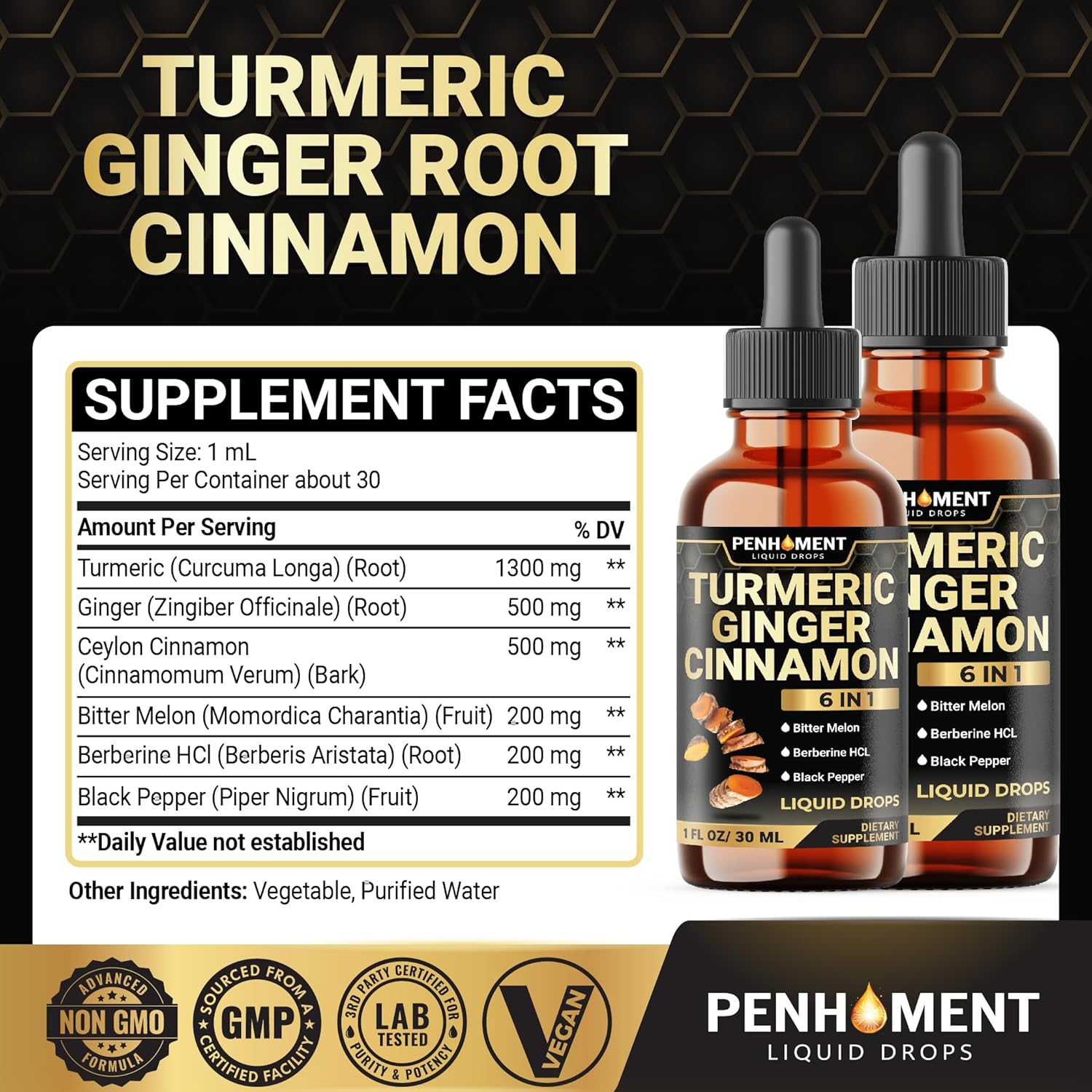 6in1 Liquid Turmeric Curcumin with Ginger, Berberine, Ceylon Cinnamon, Bitter Melon, Black Pepper - Drops Extract for Joint Support - 2Packs of 1 Fl Oz - Image 2
