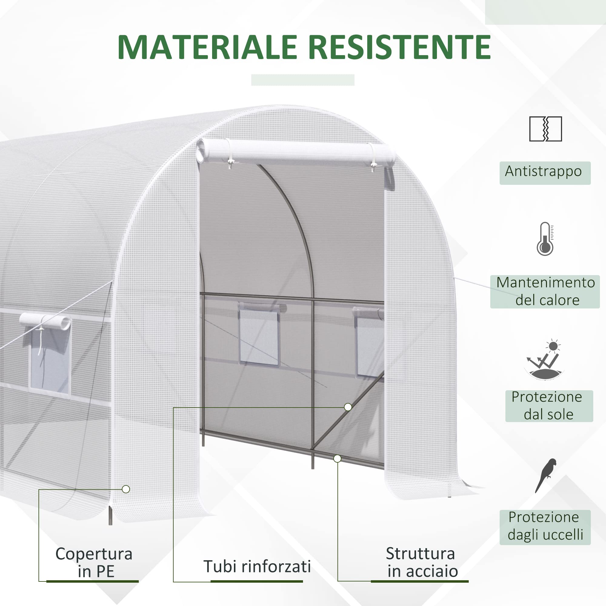 Outsunny Serra da Giardino a Tunnel 4x2x2 m con Porte Avvolgibili e Finestre, Serra per Orto con 4 Rinforzi Diagonali, Struttura in Metallo e Copertura PE, per Orto Verdure Fiori, Bianco