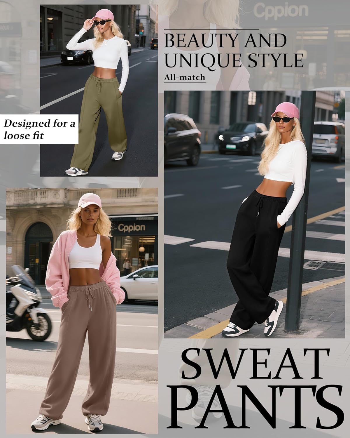 Huukeay 3 Pack Women's Wide Leg Sweatpants High Waisted Baggy Pants Casual Lounge Drawstring Athletic Joggers with Pockets(Black, Coffee, Matcha Green,Medium) - Image 2