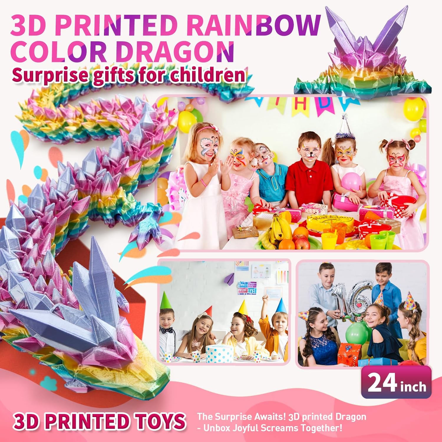 Large 3D Printed Dragon,24 Inch 3D Dragon Toys,Bigger Fidget Crystal Animals Toys, 3D Printed Articulated Animals for Home Office Car Desk Decor(Rainbow - Image 5