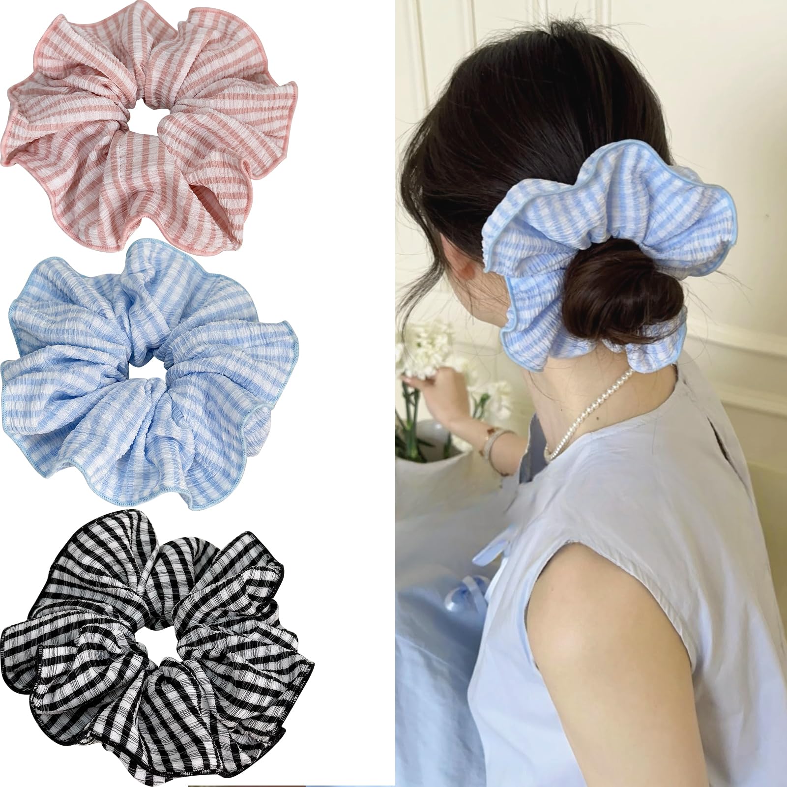 Jseng 3PCS Large Gingham Scrunchies for Hair, Sweet Hair Ties, Beige and Black