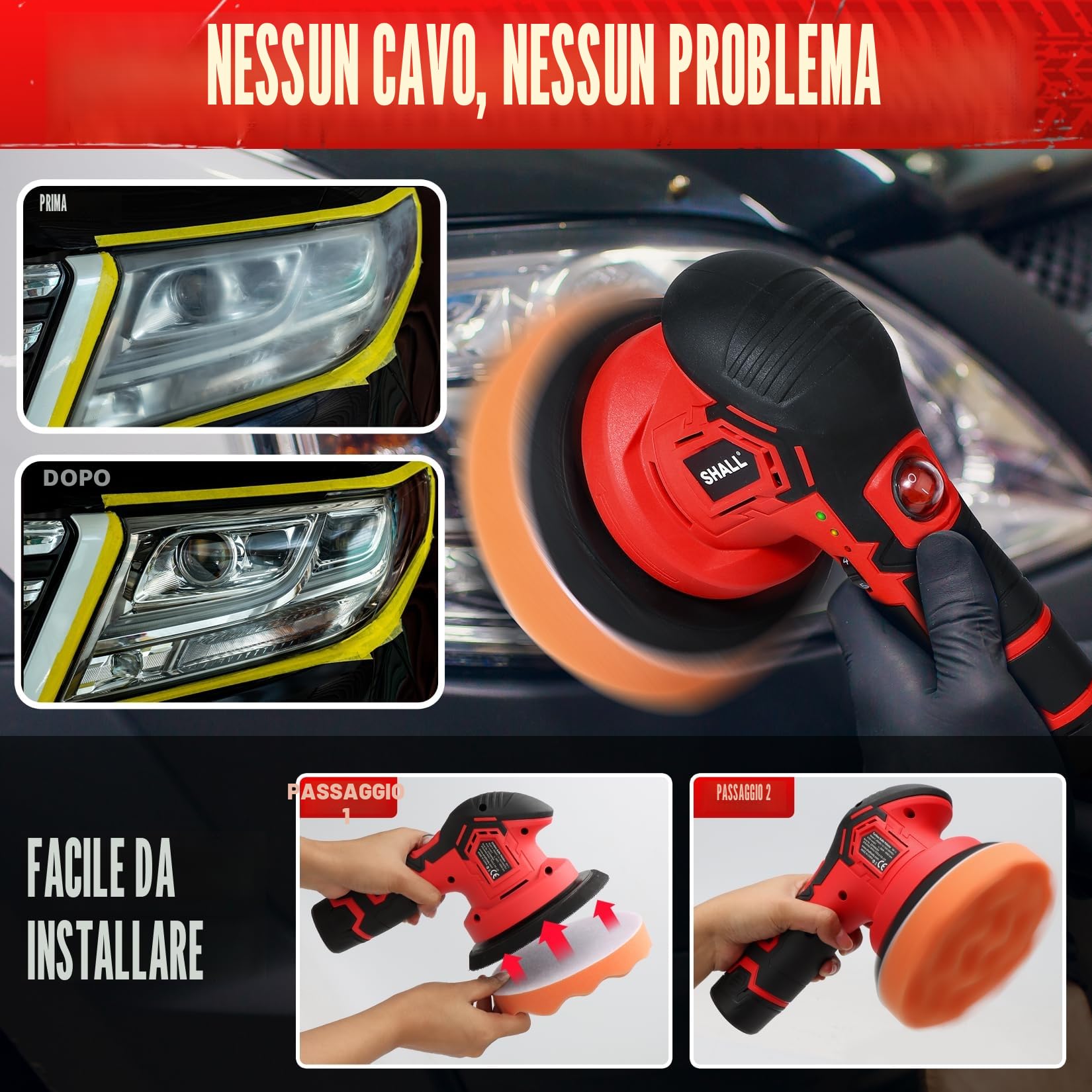 SHALL- Lucidatrice Auto Senza Fili, Lucidatrice a Batteria 6 Pollici， 2500-5000RPM 6 velocità Variabili con 2 Batterie, Kit per lucidatura auto 27 pezzi, per auto