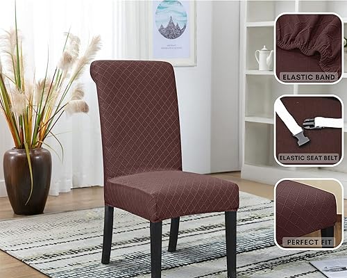 Miniatura 4 de SPRINGRICO Paquete de 6 fundas para sillas de comedor con cinturón de seguridad, fundas elásticas para sillas Parsons lavables, fundas protectoras