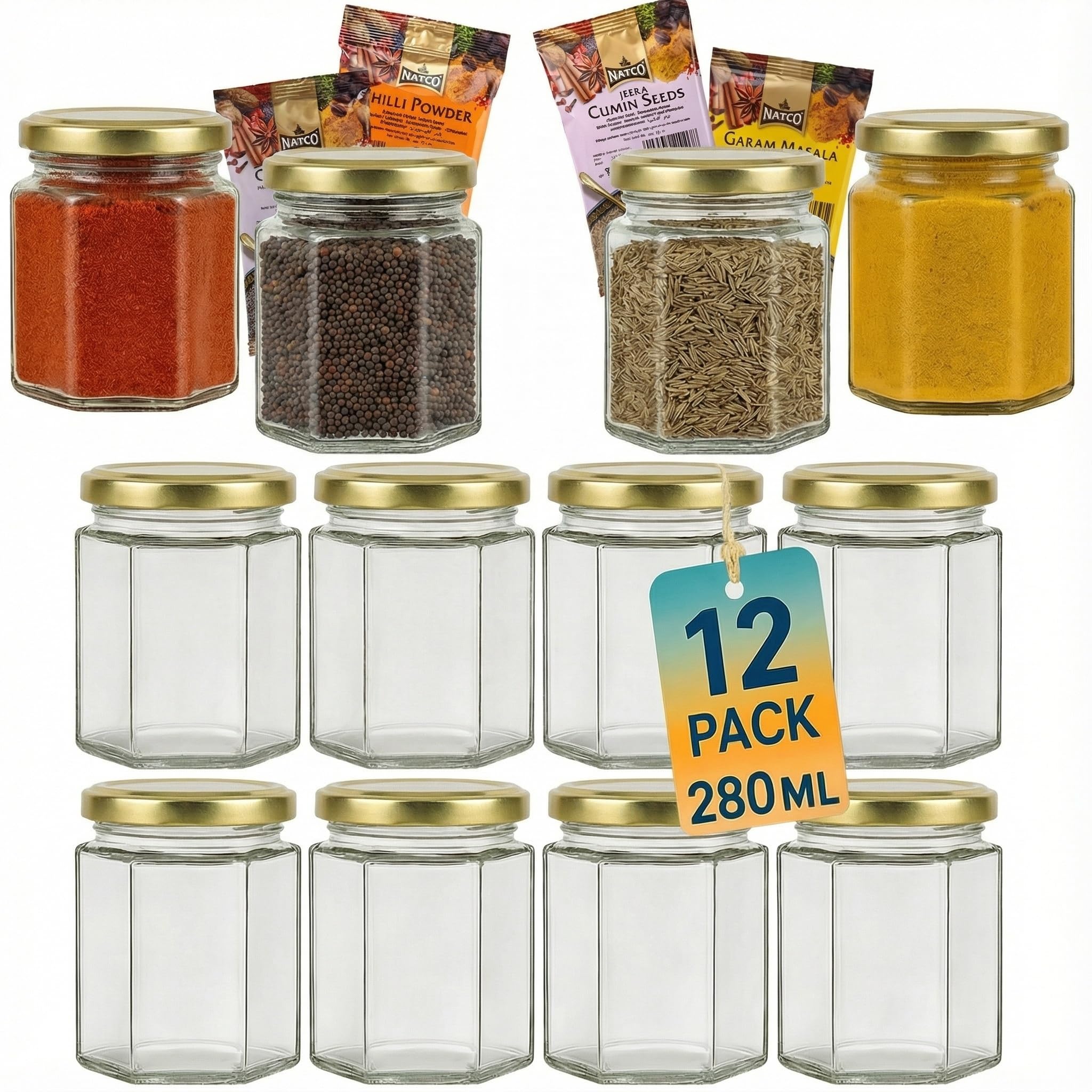 Offer Shop Jam Glass Jars with Lids & Labels with 4 SPICES- 12 Hexagonal 280ml Storage Jars of Quality | Ideal for Kitchen & Pantry Organization for Spice Honey Yogurt | Airtight and Reusable