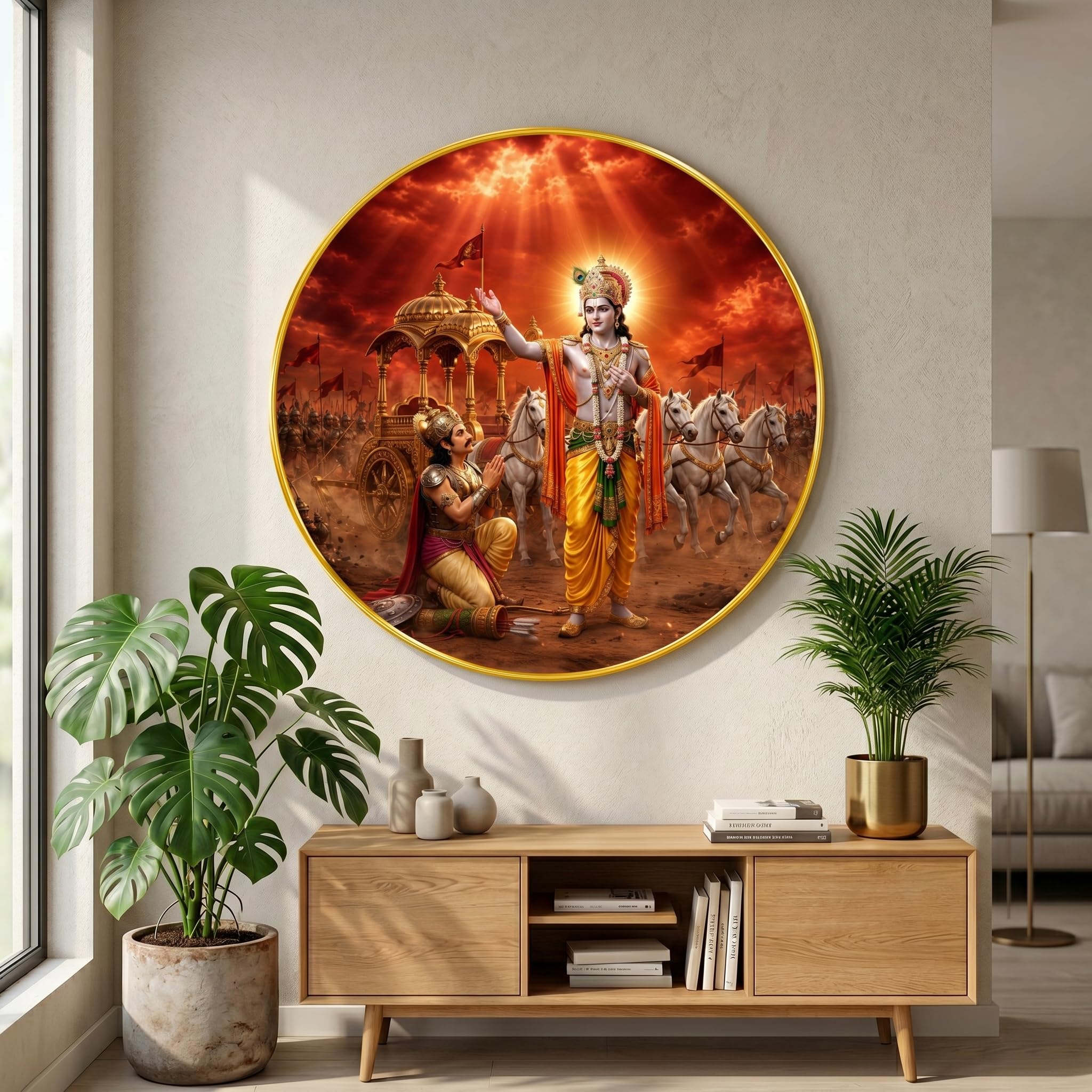 SAF Bhagavad Gita Krishna Arjuna Wall Art with PVC Round Frame | Sparkle Laminated Mahabharat Kurukshetra Divine Painting | Spiritual Wall Decor for Home Temple Living Room Office Gift-image-31