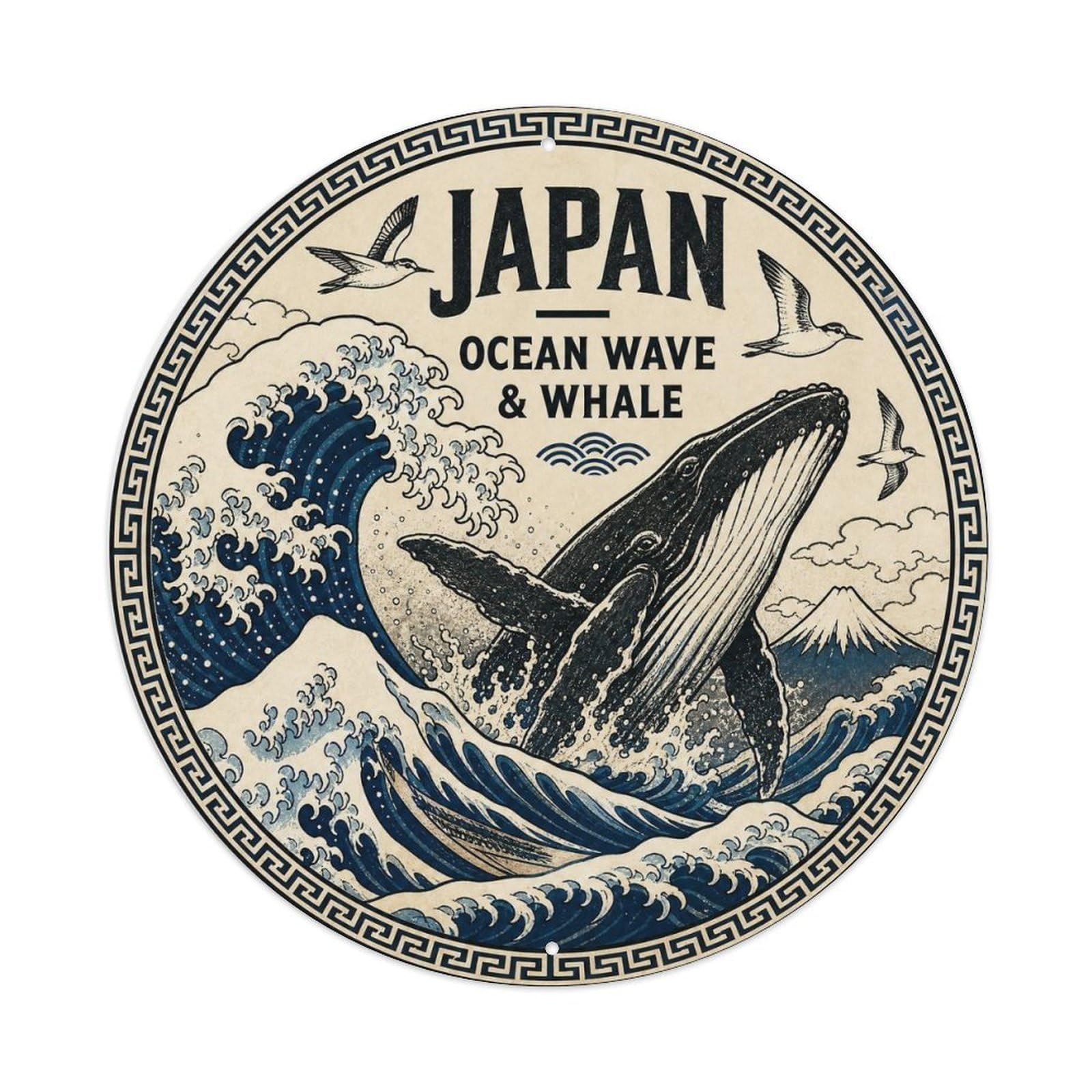 Olyhtr 8X8inch Classic Style Edo Japan Wave Whale Ceramic Folk Pattern Metal Tin Sign