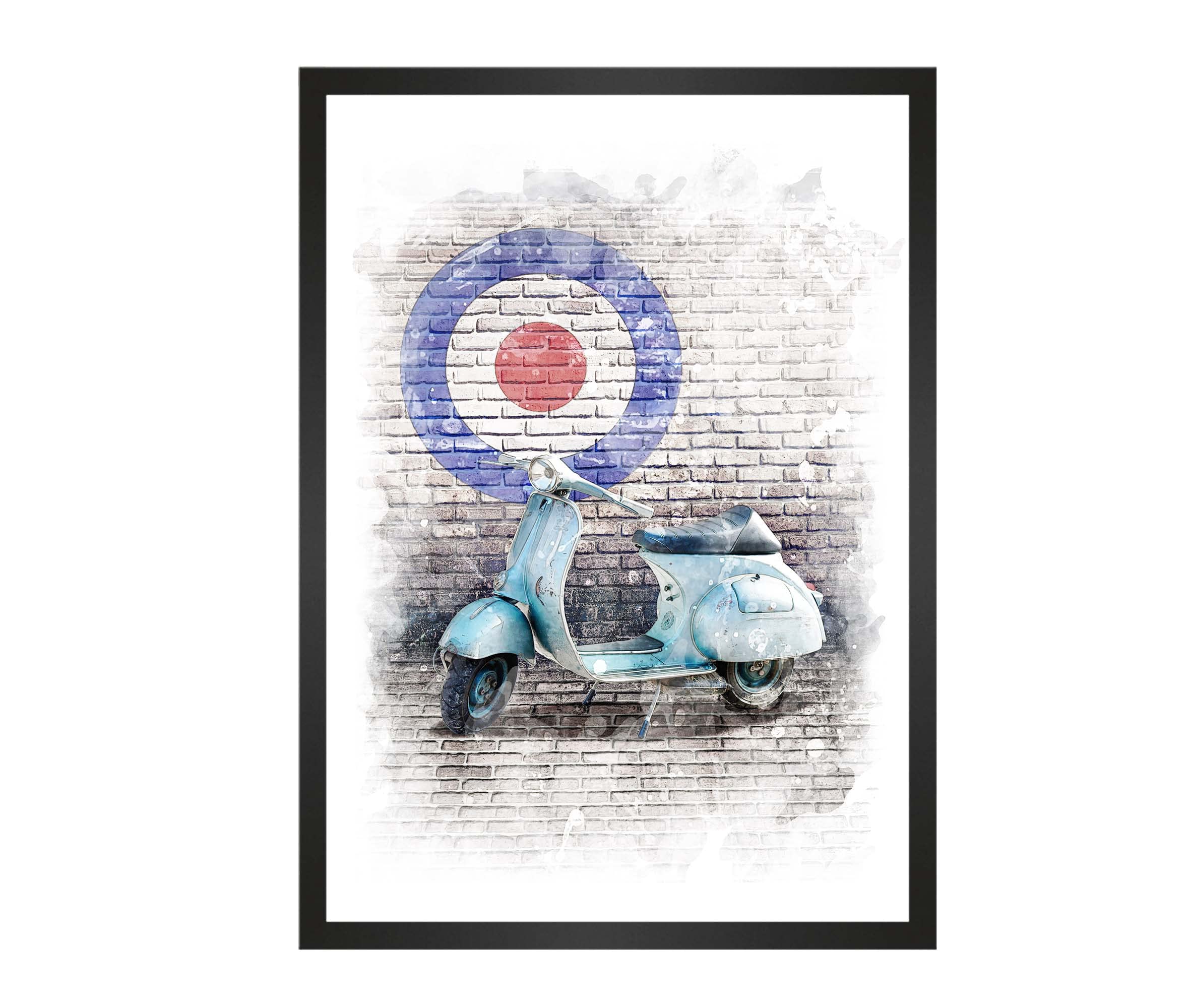 Emery Lane Studio Vespa Scooter Art Print with Mod Target, Wall Art Poster Unframed (A5 (14.8 x 21cm) unframed)