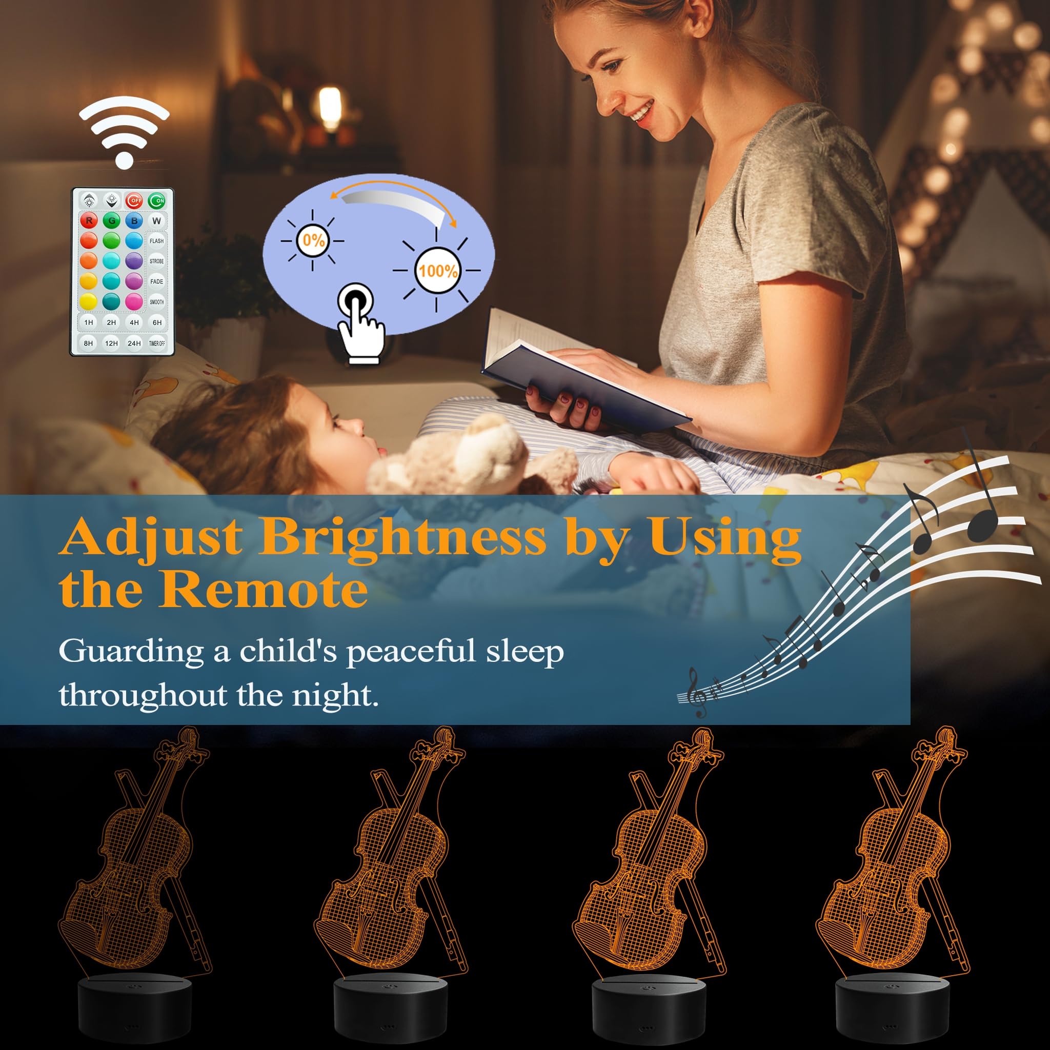 Violin Night Light, Violin Gifts, Cello 3D Illusion Lamp with Remote Control, 16 RGB Colors, 4 Flashing Modes, Timer, Dimmable, Kids Music Room Decor