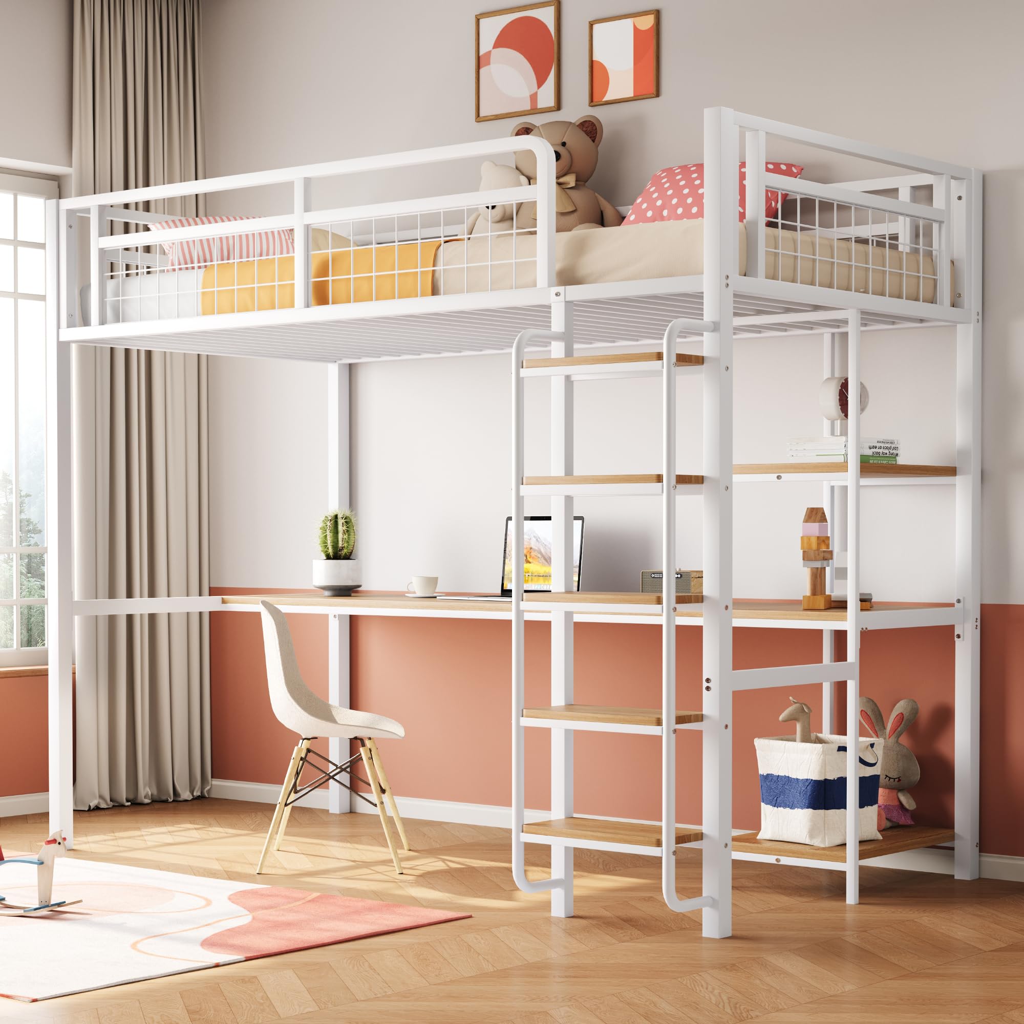 Cama alta de metal 90x200 cm con escalera y valla de seguridad blanca