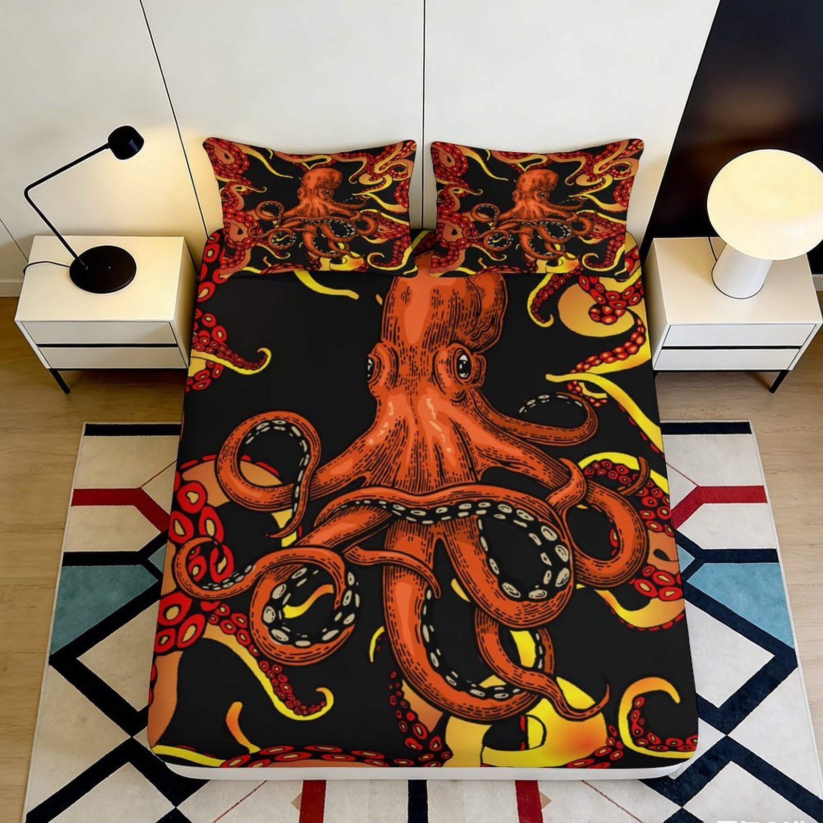 Pnayamiorkfel Style-10 3D Printed Orange Octopus Fitted Sheet Microfiber Bedroom Decor Sea Creature Bed Cover Anti-Slip Easy Care 90X200x25cm