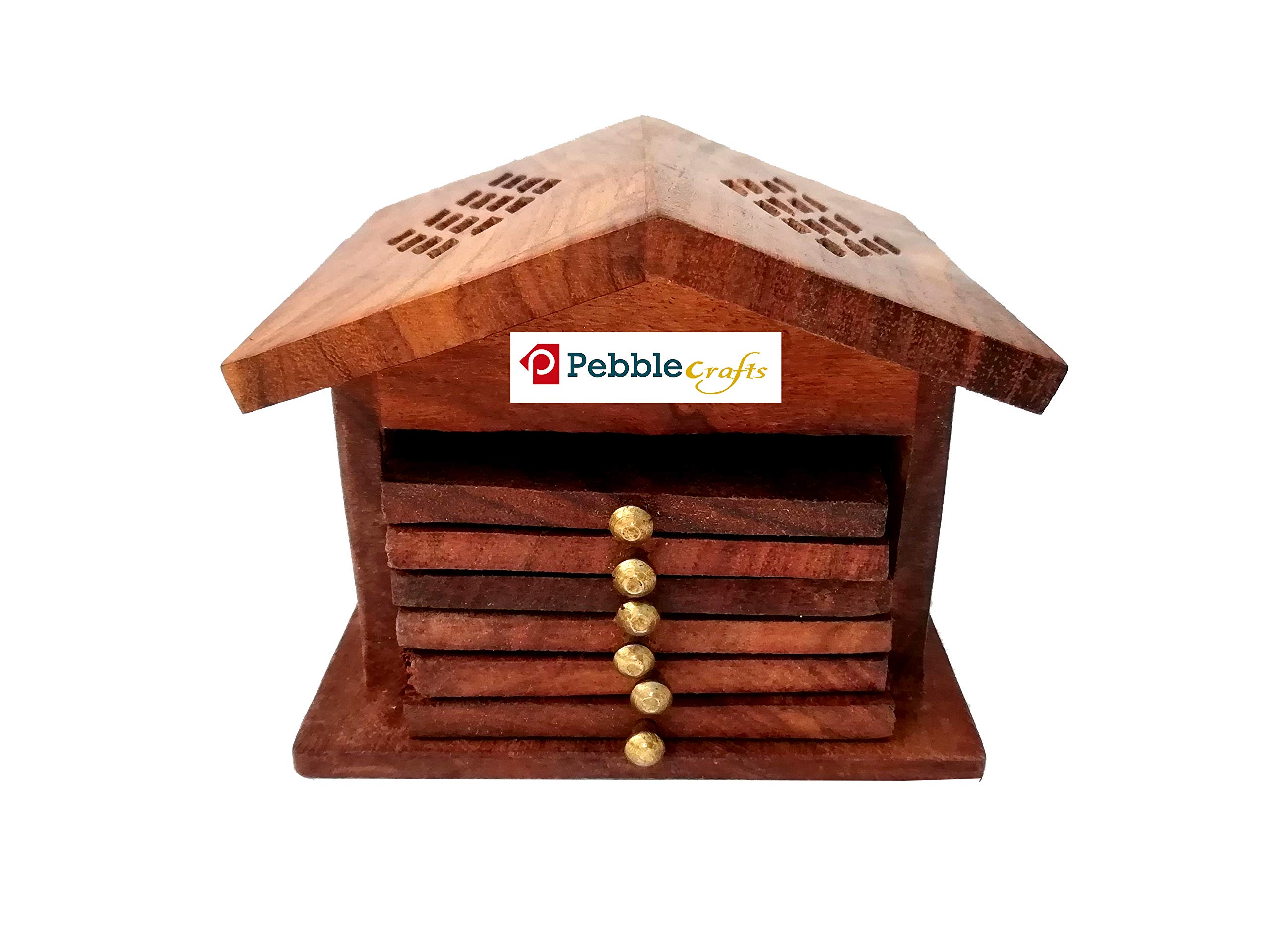 PEBBLECRAFTS PEBBLE CRAFTS Wooden Handmade Hut Shape Brown Tea Coasters Set of 6 (diamond type)| Tabletop Coasters for Tea Coffee Cups Mugs Beer Cans Bar Glass for office home