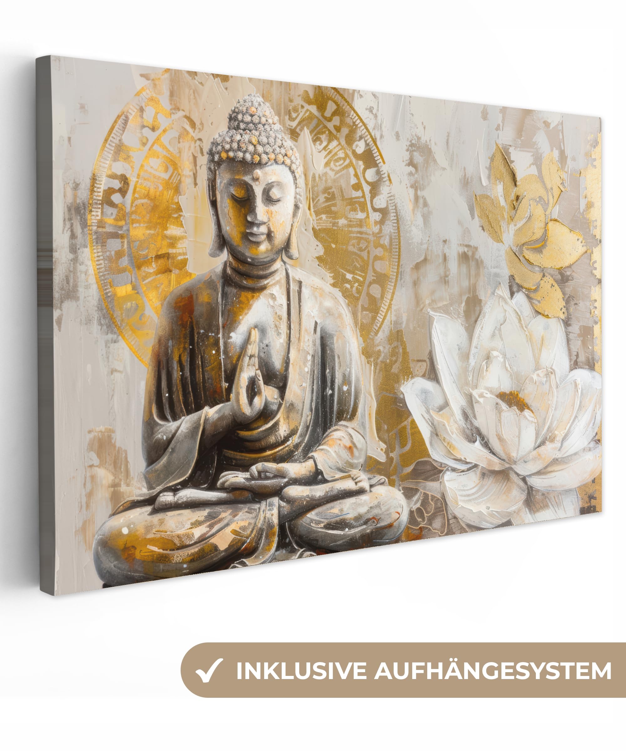 Gartenbild 150x100 cm Outdoor Deko Garten Leinwand Modern Wandbild Wetterfest Kunstdruck Terrasse Geschenke Draußen Buddha - Blume - Lotus - Spiritualität