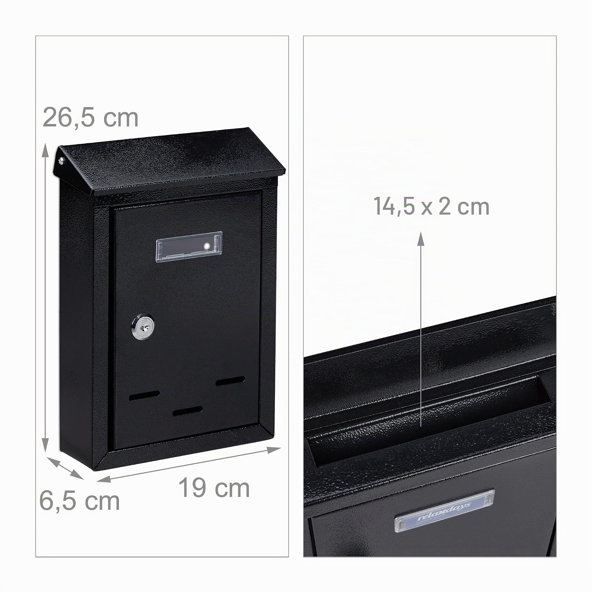 Relaxdays Buzón Pared Vertical, Placa para Nombre, Metálico, 2 Llaves, de Exterior, 26,5 x 19 x 6,5 cm, Estrecho, Negro