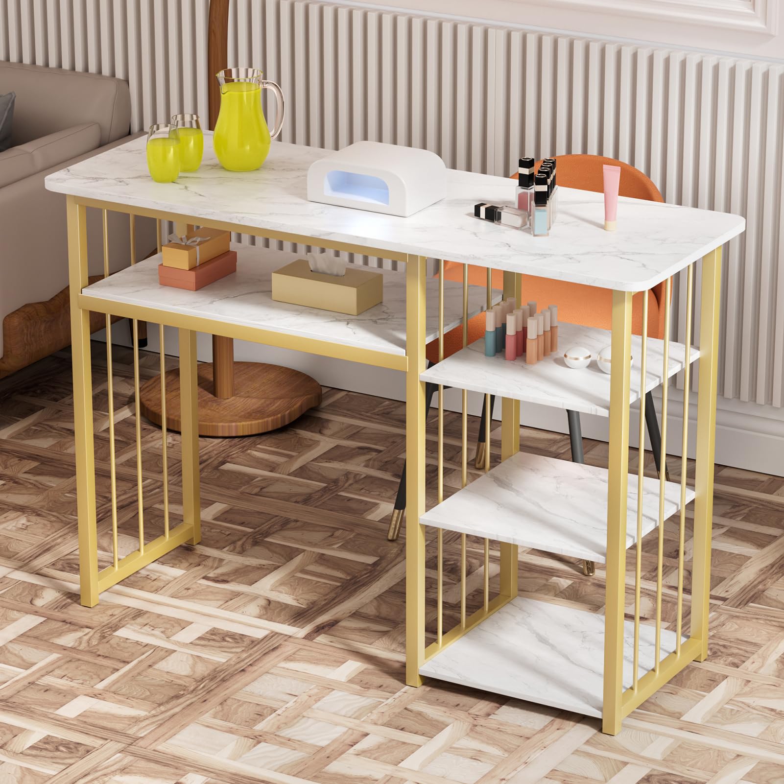 Mesa de uñas, mesa de manicura, escritorio de manicura con textura mármol, escritorio técnico multiestante abierto, mesa de uñas profesional para salón de belleza, spa, muebles de salón impermeable