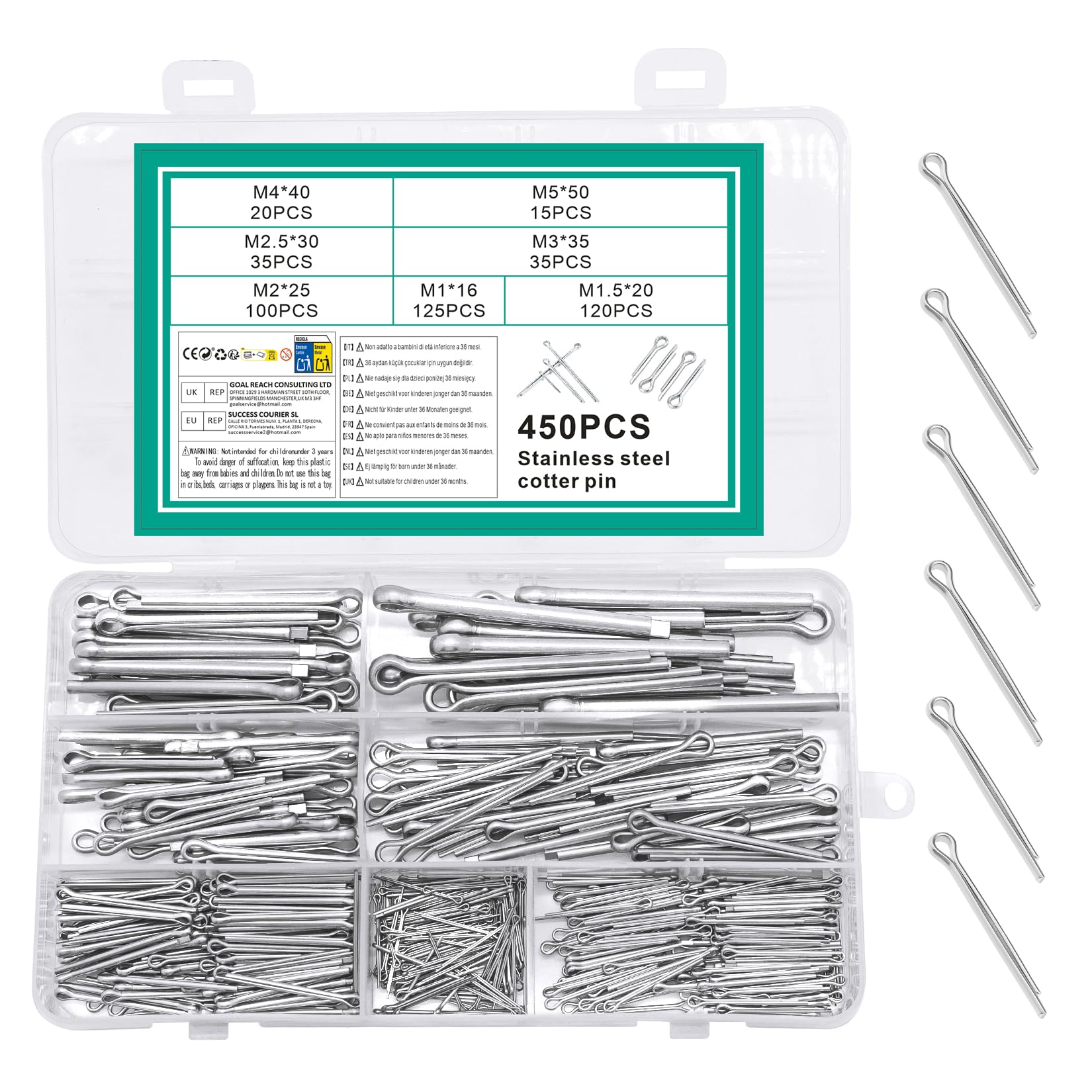 Coppiglie Acciaio Inox 450 Pz, Coppiglia Spine Elastiche, Coppiglia di Bloccaggio per Trattori Auto Riparazioni