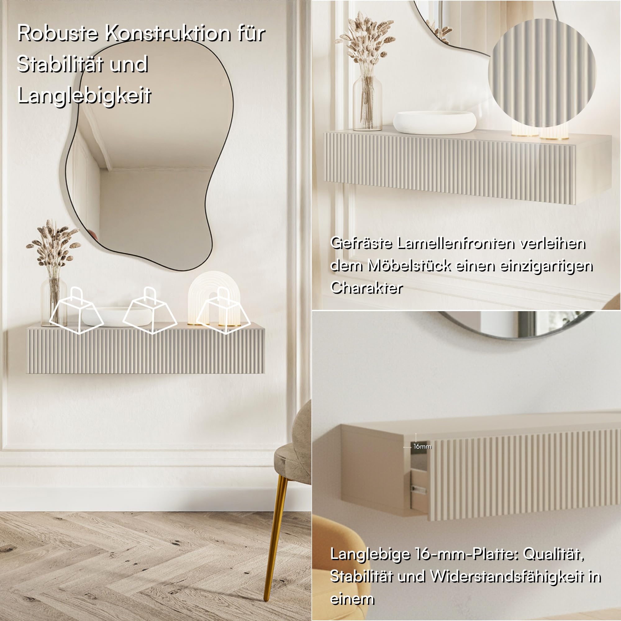 Selsey Konsolentisch Mit Schublade Hängend Beistelltisch 90 cm Eingangstisch Konsole Schminktisch Veldio Graubeige