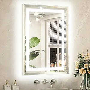 TETOTE 22 x 30 Bathroom LED Mirror Brushed Bright Nickel Metal Frame Frontlit & Backlit Vanity Mirror Anti-Fog Stepless Dimmable 3 Colors White/Warm/Natural Mirror with Lights Wall-Mounted