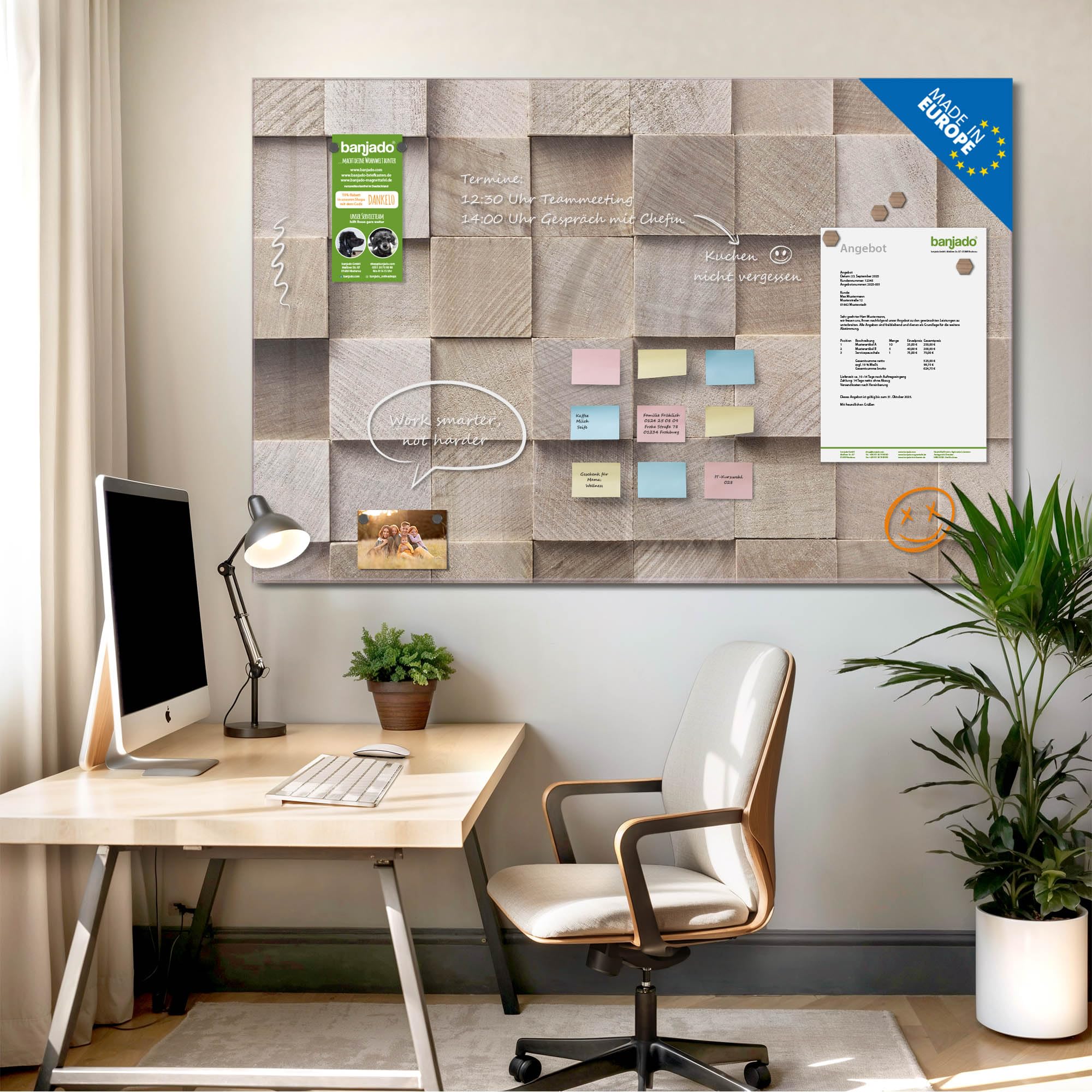 banjado Glas-Magnettafel in 45x30cm für Notizen in Holzoptik | Magnetisches Glasboard für Notizen und Fotos, mit Motiv Bauklötze Relief in warmer Holzoptik