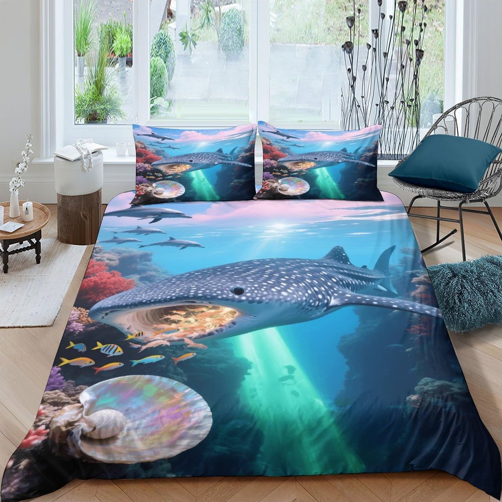 EMYXPAQM Whale Shark Duvet Cover Set 3D Coral Canyon Design Bedding Sets Soft Polyester Quilt Cover with Hidden Zipper & Pillowcase For Teenage Boys Double（200x200cm）