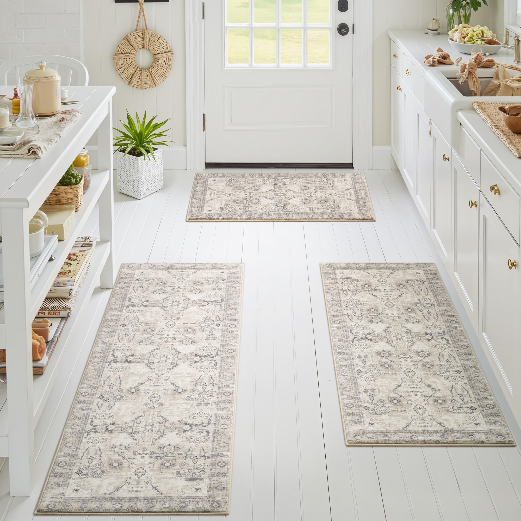 granny says boho kitchen rug sets of 3, non slip washable faux wool kitchen mats for floor, thick soft anti-fatigue comfort standing mat runner rugs for hallway laundry room, beige