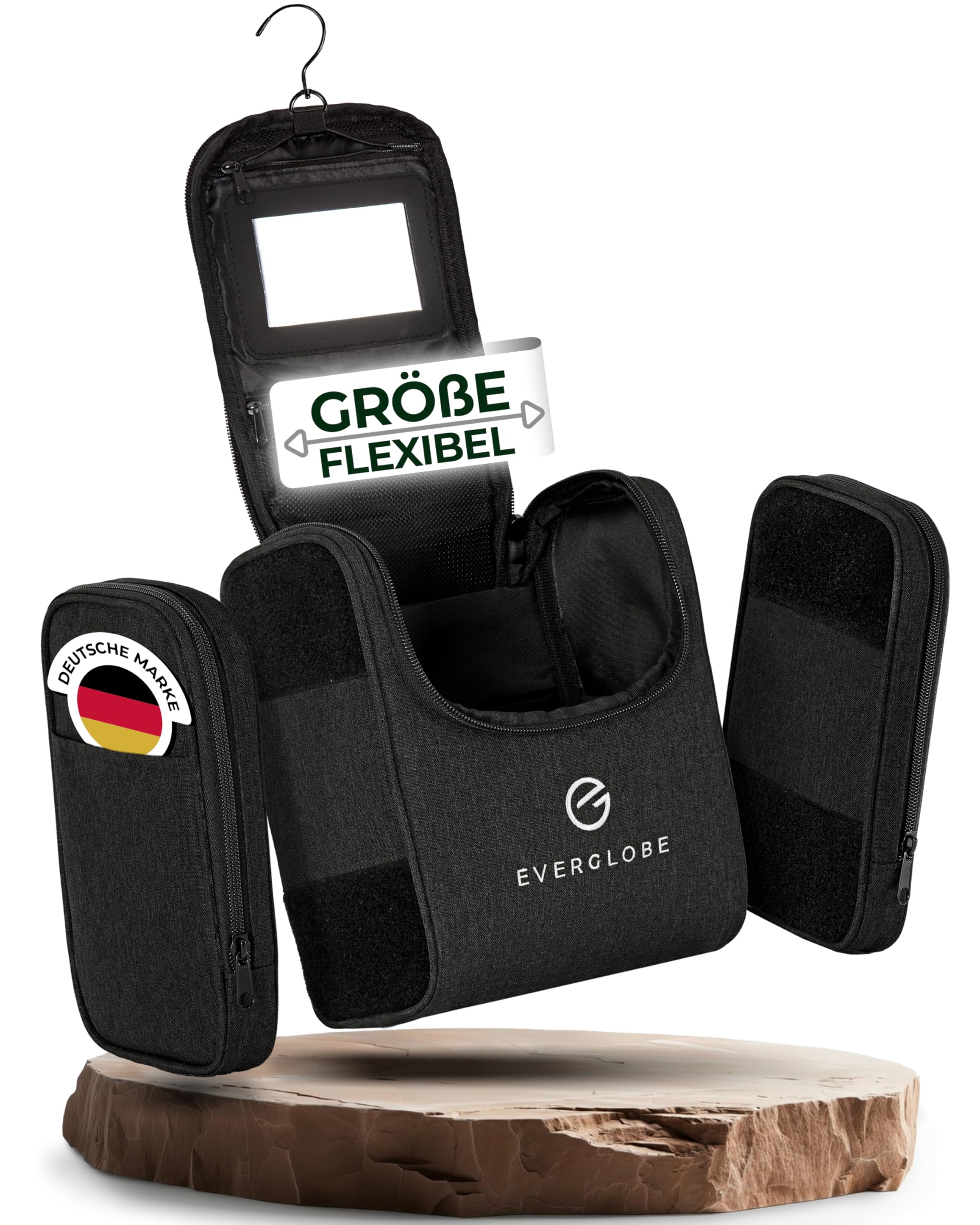 5in1 Kulturbeutel zum Aufhängen 7L [ANPASSBAR] Schwarz mit Spiegel | Kosmetiktasche mit Griff, Kulturtasche Damen Gross, Kulturbeutel Herren groß, Schminktasche, Waschtasche, Toiletry bag, Beauty Case