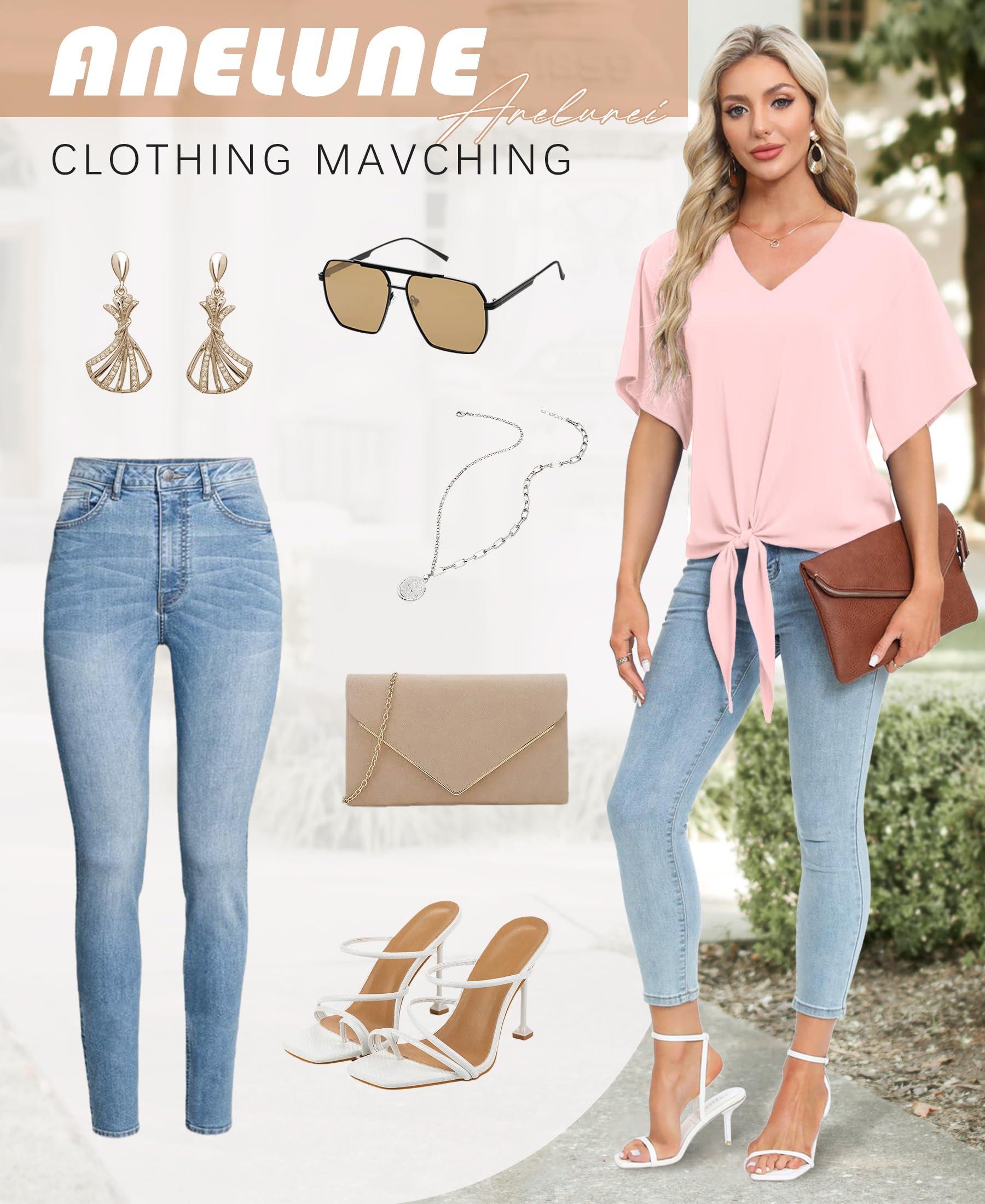 Camicette da donna in chiffon con scollo a V e rilegatura sul davanti, maniche a pipistrello, maniche corte, magliette estive e camicie
