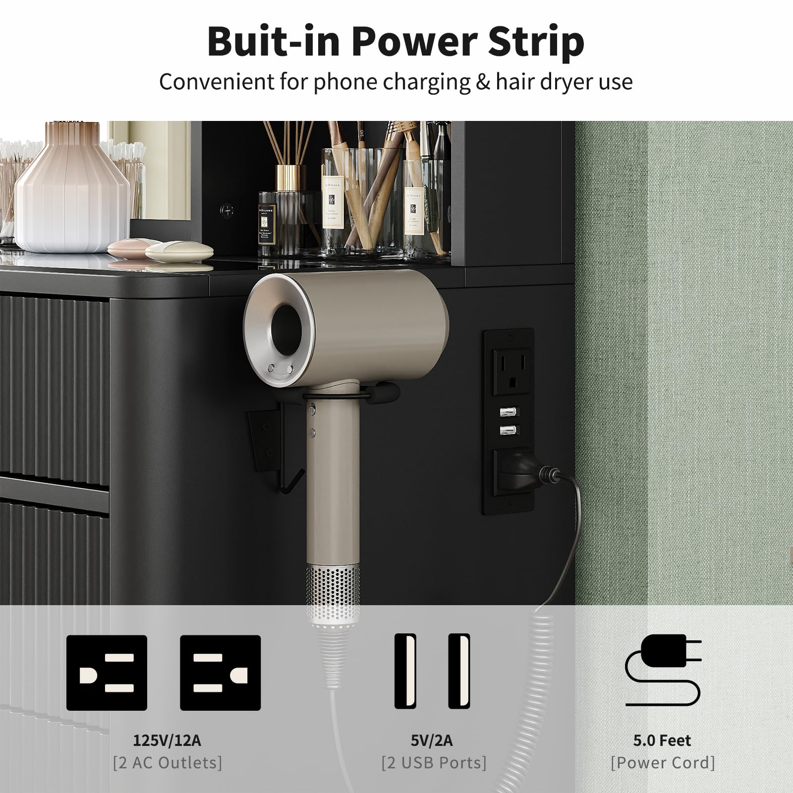 Yanosaku 47" Fluted Vanity Desk with Mirror & LED Lights, 7-Drawer Makeup Vanity with Glass Top & Cabinet, Vanity with Chair & Charging Station, 3 Lighting Modes, for Bedroom, Natural Oak: 7 Drawers Black