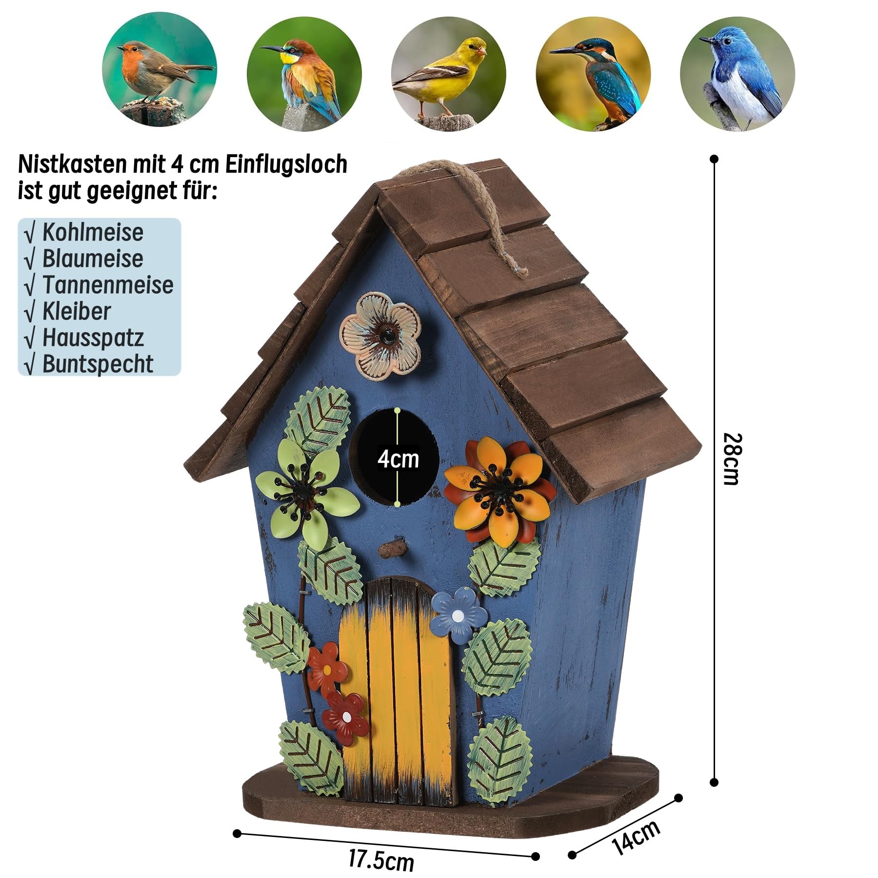 Wiszący domek dla ptaków, dekoracyjny domek dla ptaków, drewniane budki lęgowe dla dzikich ptaków, otwór wlotowy 40 mm, dekoracja ogrodowa, willa dla ptaków