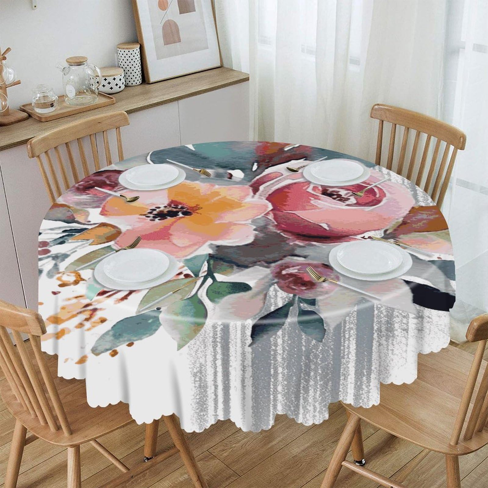 FekiLoot 60 Inch Round Watercolor Floral Corner Bouquet Tablecloth Waterproof Heavy Duty Polyester Table Cloth Spill-Proof Wipeable Table Cover Decorative Circle Dining Tablecover for Party Outdoor