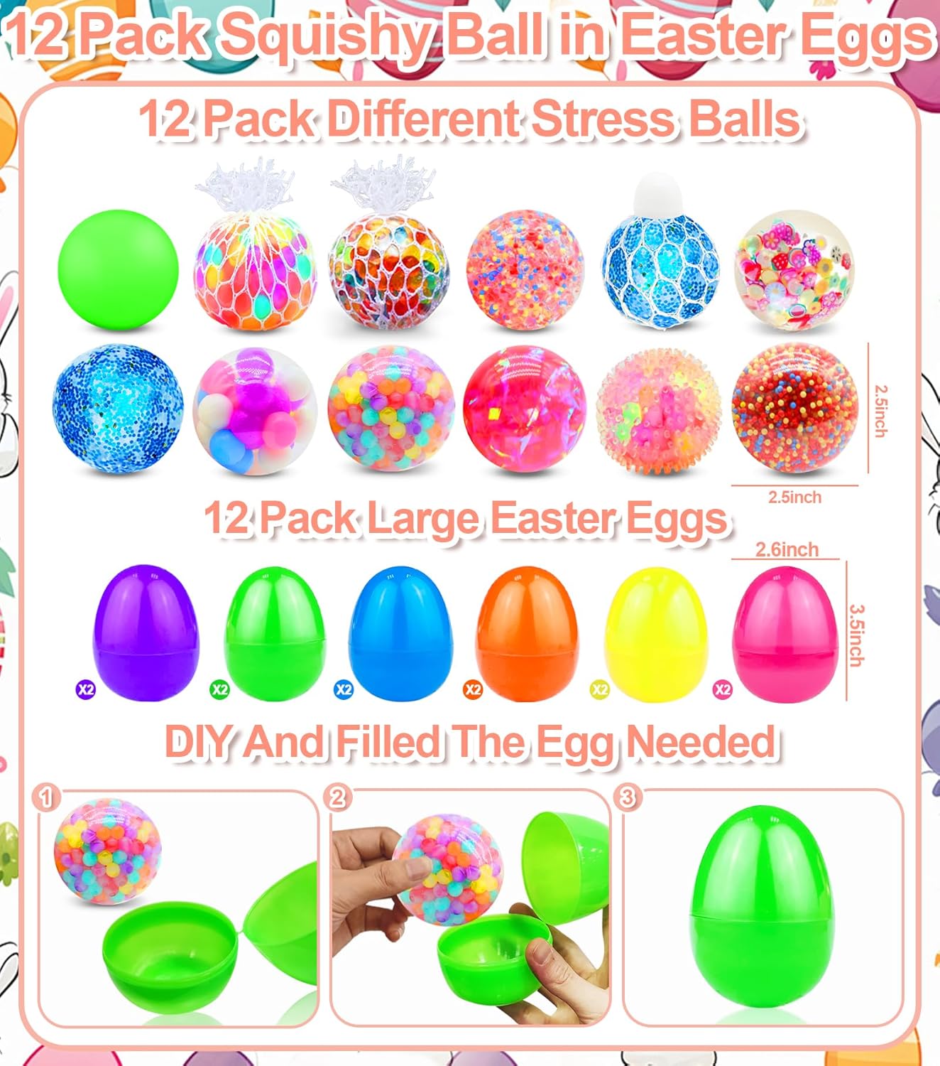 12 Pack 3.5" Easter Eggs Filled with Squishy Toys,12 Styles Stress Balls for Kids Boys Girls,Stress Relief Squeeze Fidget Toys for Easter Basket Essential Stuffers,Hunt Party Favors Gifts - Image 2