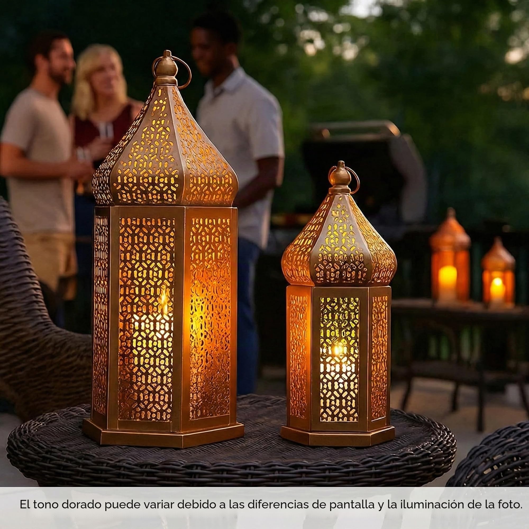Vela Lanterns Temple Tower - Portavelas decorativo grande marroquí para Ramadán, patio, decoración del hogar, bodas, dorado, juego de 2 faroles | Decoraciones de Ramadán para el hogar, portavelas islámico Eid para centros de mesa o colgar, 11 y 15.25 pulg