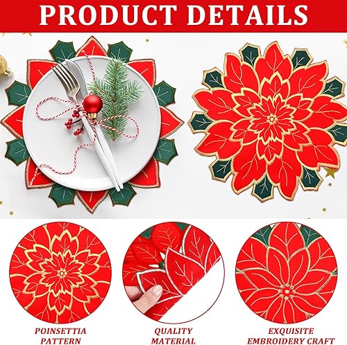 Miniatura 5 de 6 manteles individuales bordados de flor de pascua de Navidad de doble capa, manteles individuales bordados con flores rojas, apliques de flores de