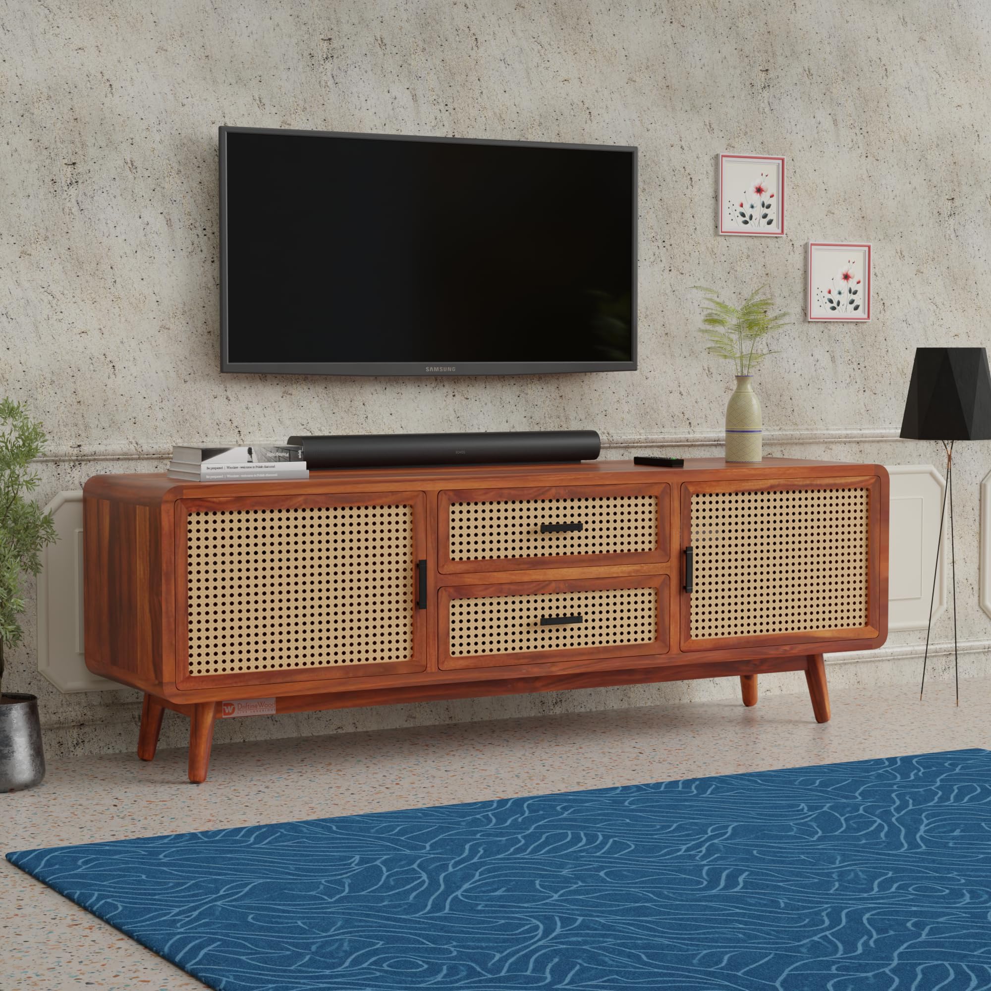 DRIFTINGWOOD Amber Solid Sheesham Wood Modern Rattan TV Console for Upto 65 Inch TV, Boho Entertainment Center with 4 Storage Compartments (2 Drawers, 2 Cabinets), Honey Finish