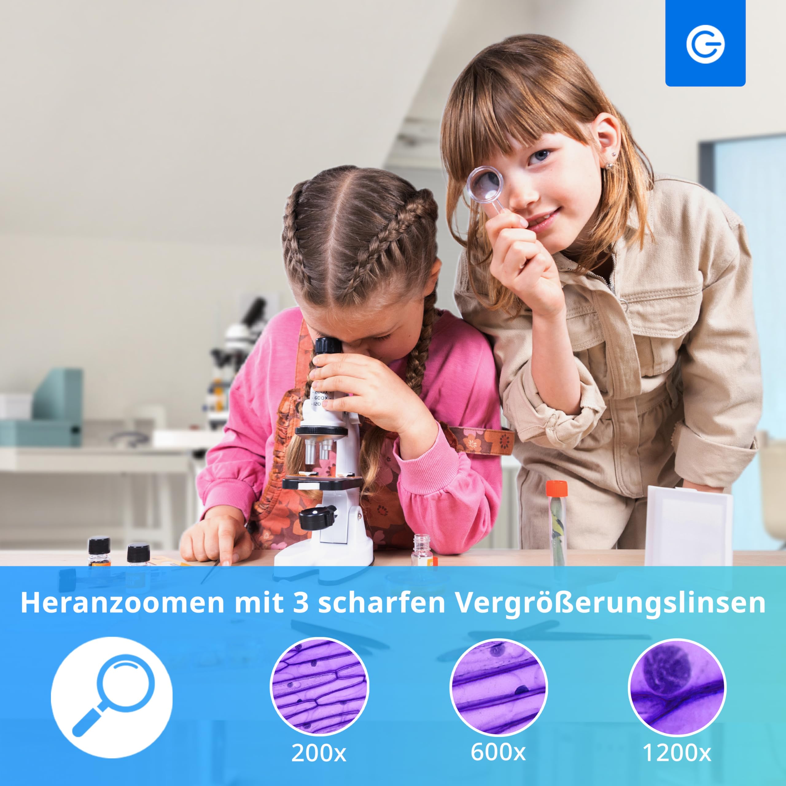 Silvergear® Mikroskop Set für Kinder | Mikroskop Erwachsene & Anfanger | mit 200x, 600x und 1200x Vergrößerung | Lernspielzeug | Biologie | 4 Farbfilter | Labor | inkl. 29 Zubehör | 14x8x22 cm | Weiß