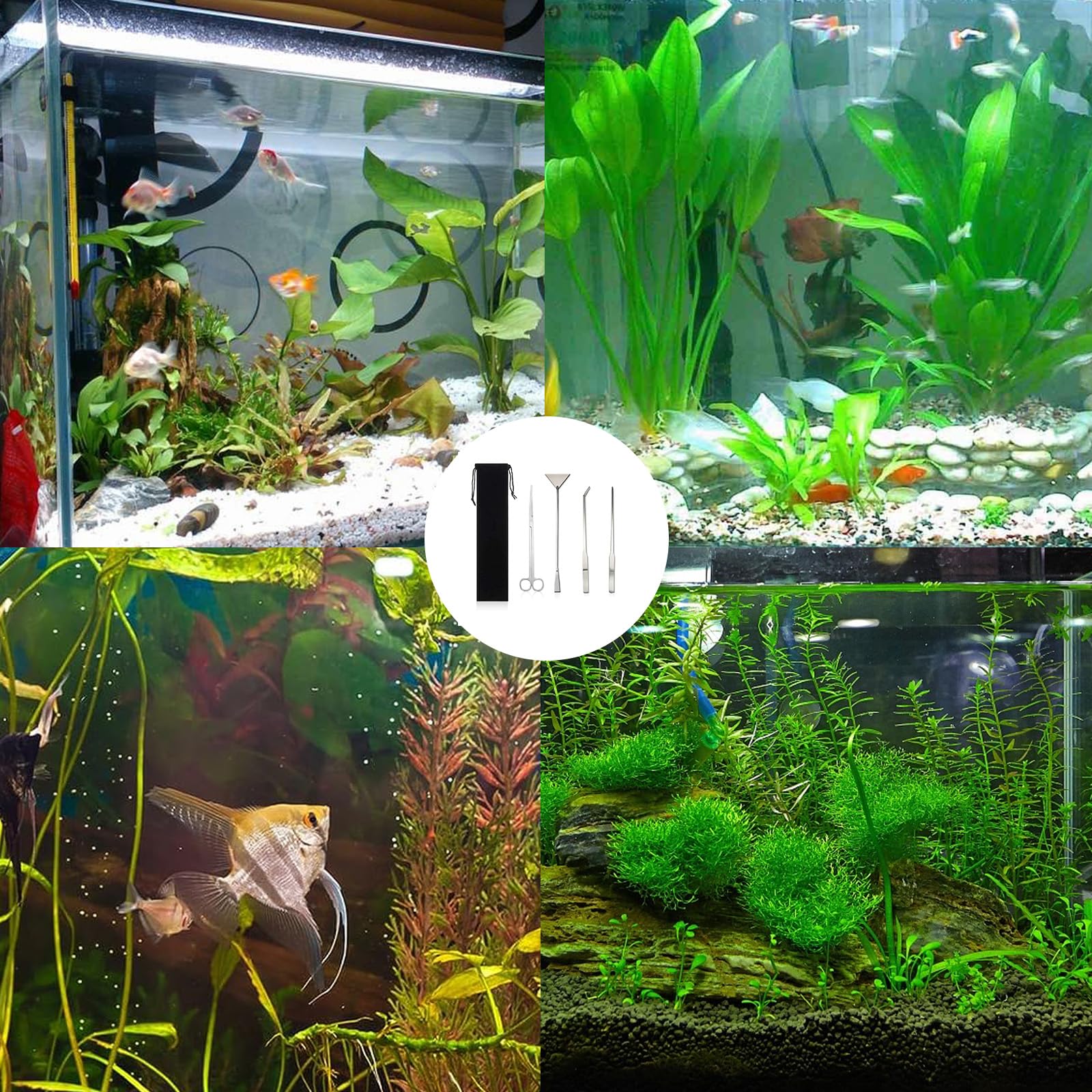 4 in 1 Attrezzi per Acquario Kit, Acciaio Inox Pulizia Acquario Kit Includere Raschietto, Pinzette e Forbici, Accessori per La Pulizia di Acquari per la Pulizia di Pesci e Piante Acquatiche