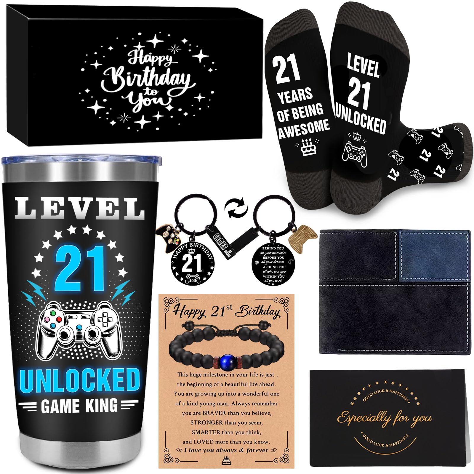21st Birthday Gifts for Him, Funny Gift for 21 Year Old Male with 20 Oz Tumbler Card Keychain Bracelets Wallet, Cool Happy 21st Birthday Decorations for Teenage Son Nephew Boyfriend Grandson Brother