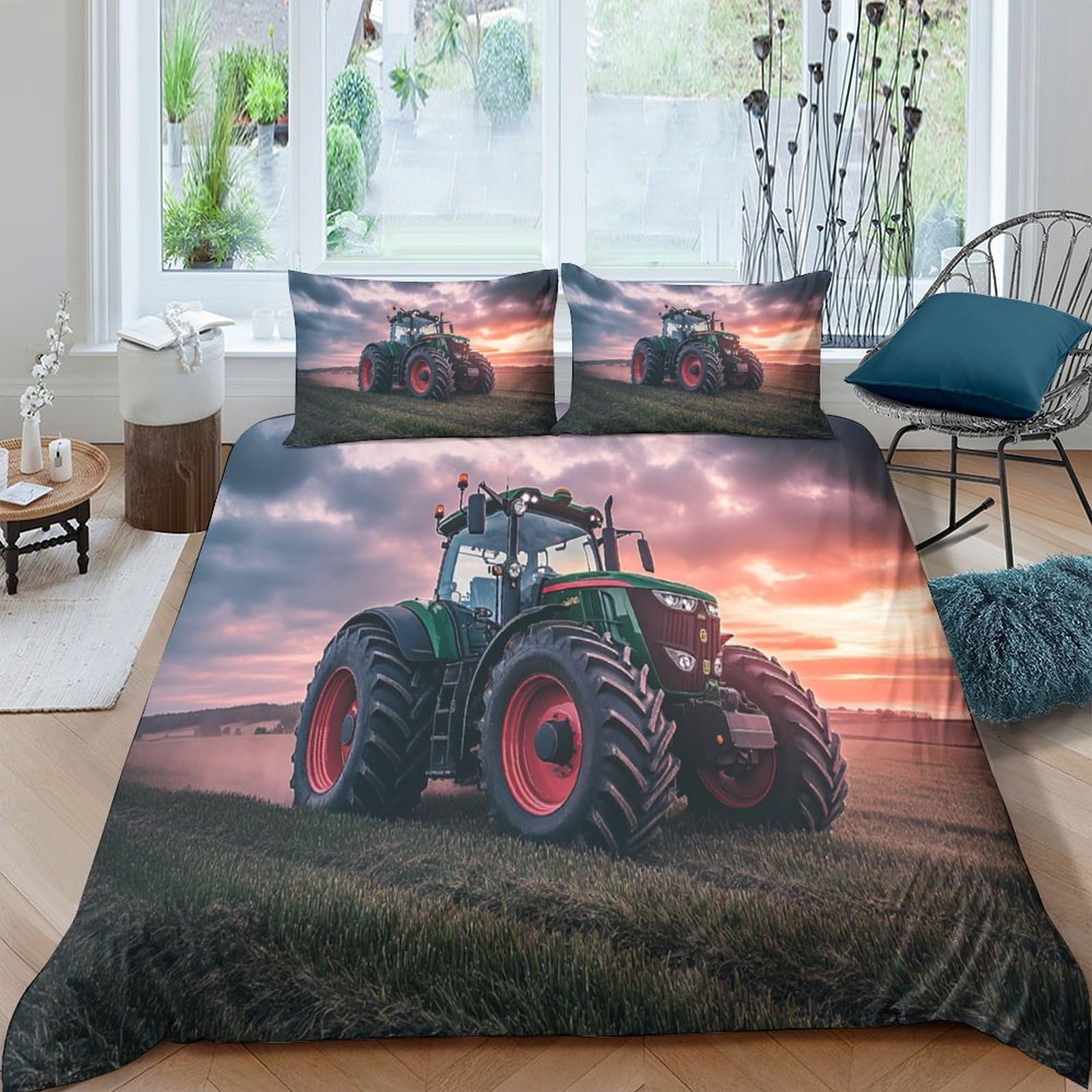 Ctjqhvkz Style-8 3D Printed Sunset Tractor Fitted Sheet Microfiber Anti-Slip Farm Landscape Mattress Cover For Bedroom Decor Single（135X200cm）