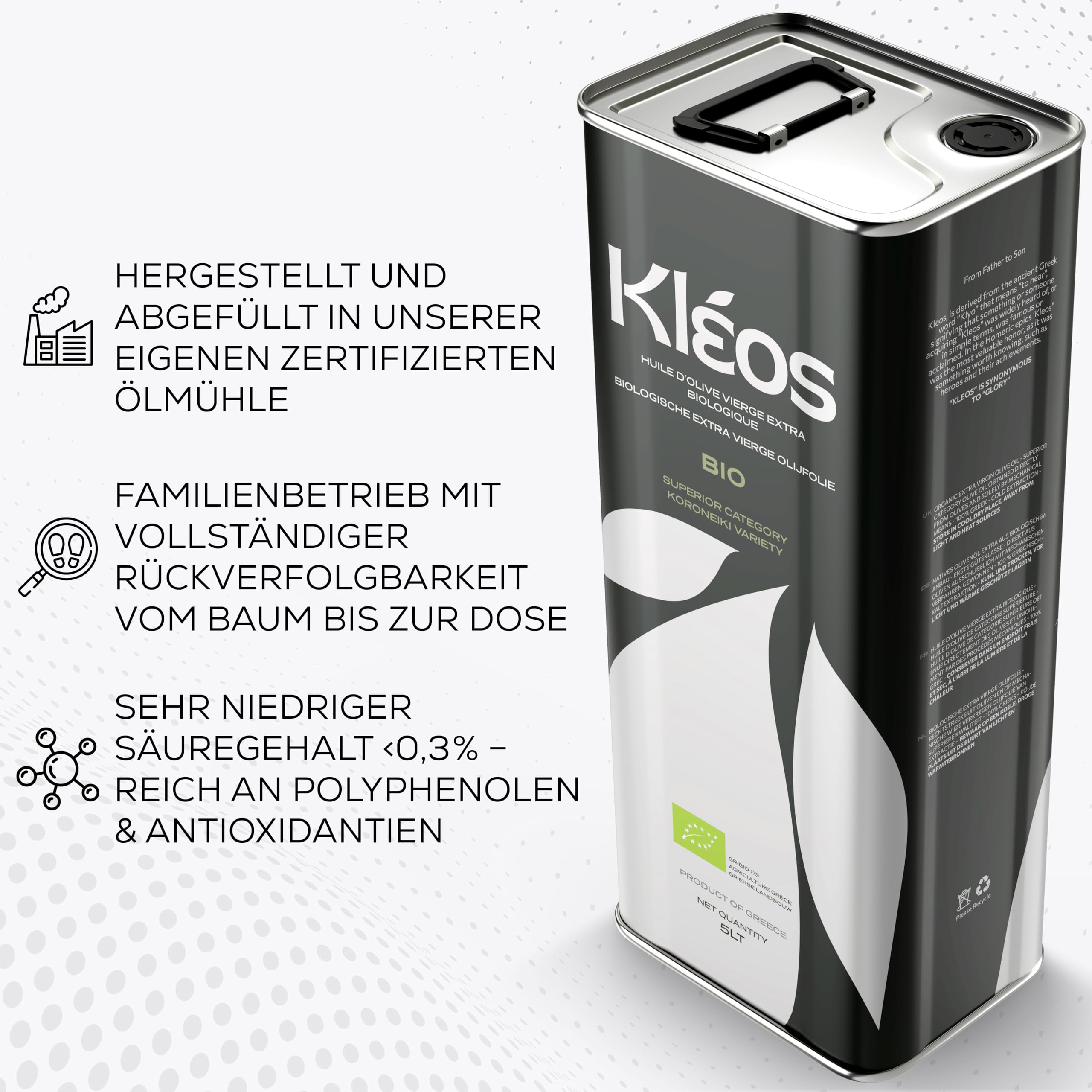 Kleos BIO Extra Natives Olivenöl 5 Liter - Ernte 2025-26 - Reich an Polyphenolen - Kaltgepresst aus Griechenland - Premium Qualität - MHD: 31/07/2027