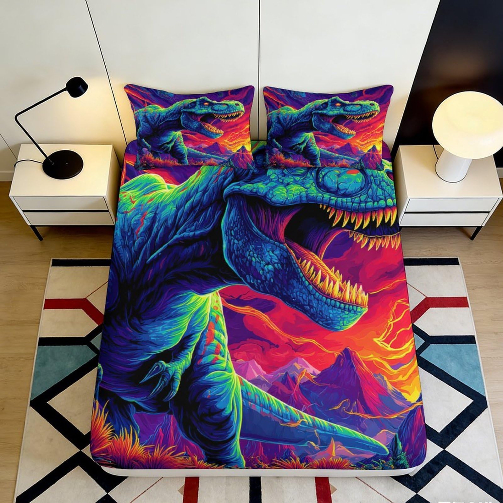 Uxinyoume Style-2 3D Printed Neon Dinosaur Fitted Sheet Microfiber Soft Breathable Volcano Bed Cover For Bedroom Dorm Mattress Decor 90X200x25cm