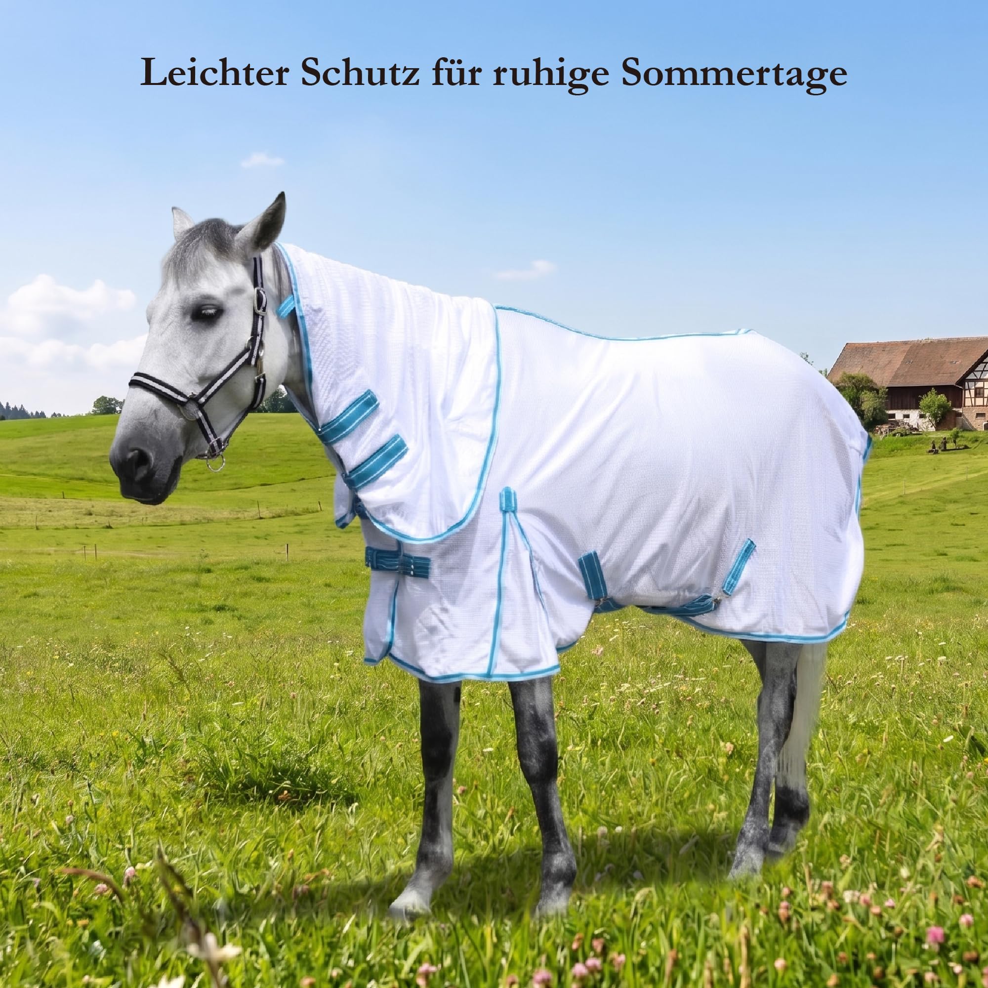Fliegendecke Pferd atmungsaktiv mit abnehmbarem Halsteil Weiß 140cm | Leichte Sommerdecke mit verstellbarer Kreuzbegurtung, großmaschigem Mesh-Gewebe und hohem Komfort für empfindliche Pferde