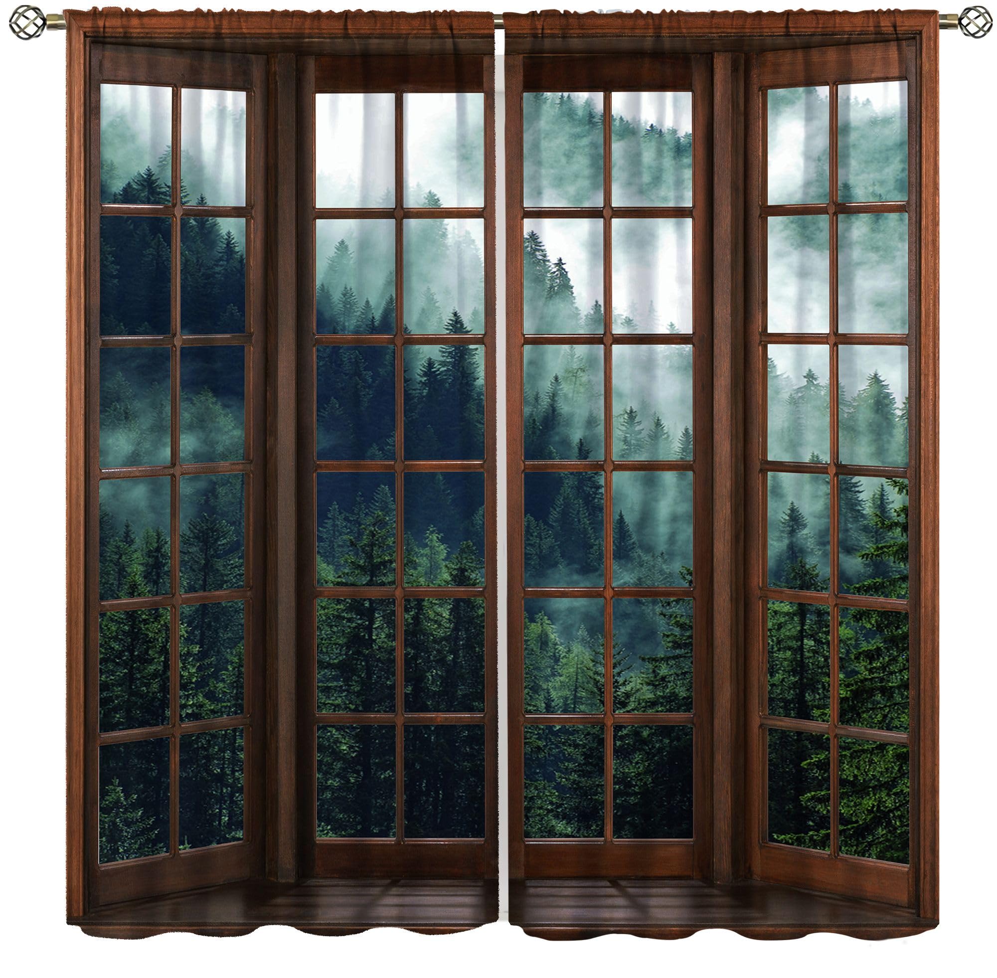 Hazuff Forest Landscape Blackout Curtains,Natural Green Primitive Misty Forest Mountains View Windows Treatments Rod Pocket Drapes for Kids Living Room Bedroom Kitchen 42x54in