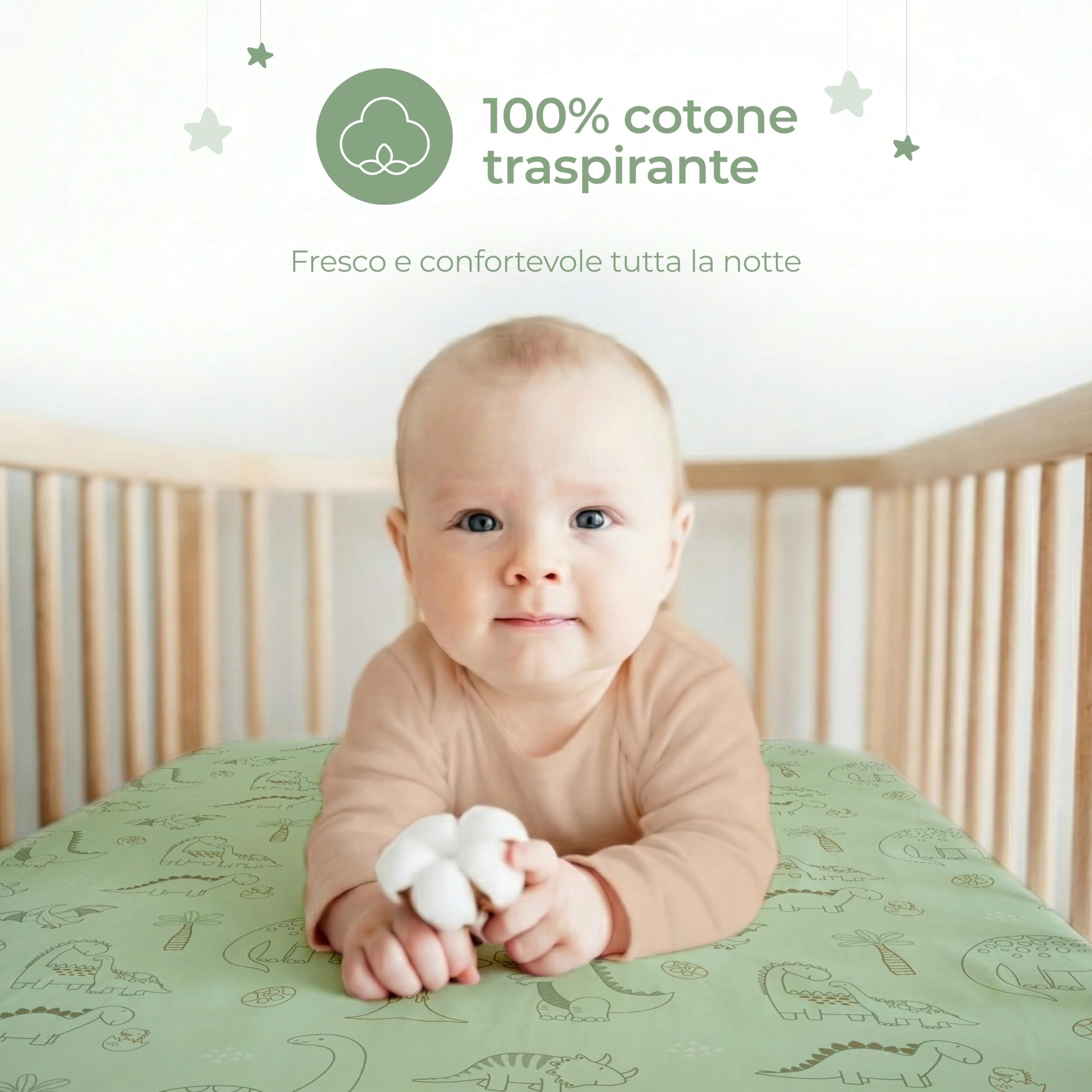 Dreamzie Set 2 Lenzuola Culla 50x83 Cotone - Lenzuolo Con Angoli, Oeko-Tex Certificato - Lenzuola Per Carrozzina E Culla Neonato - Dinosauro Bianco/Verde Salvia