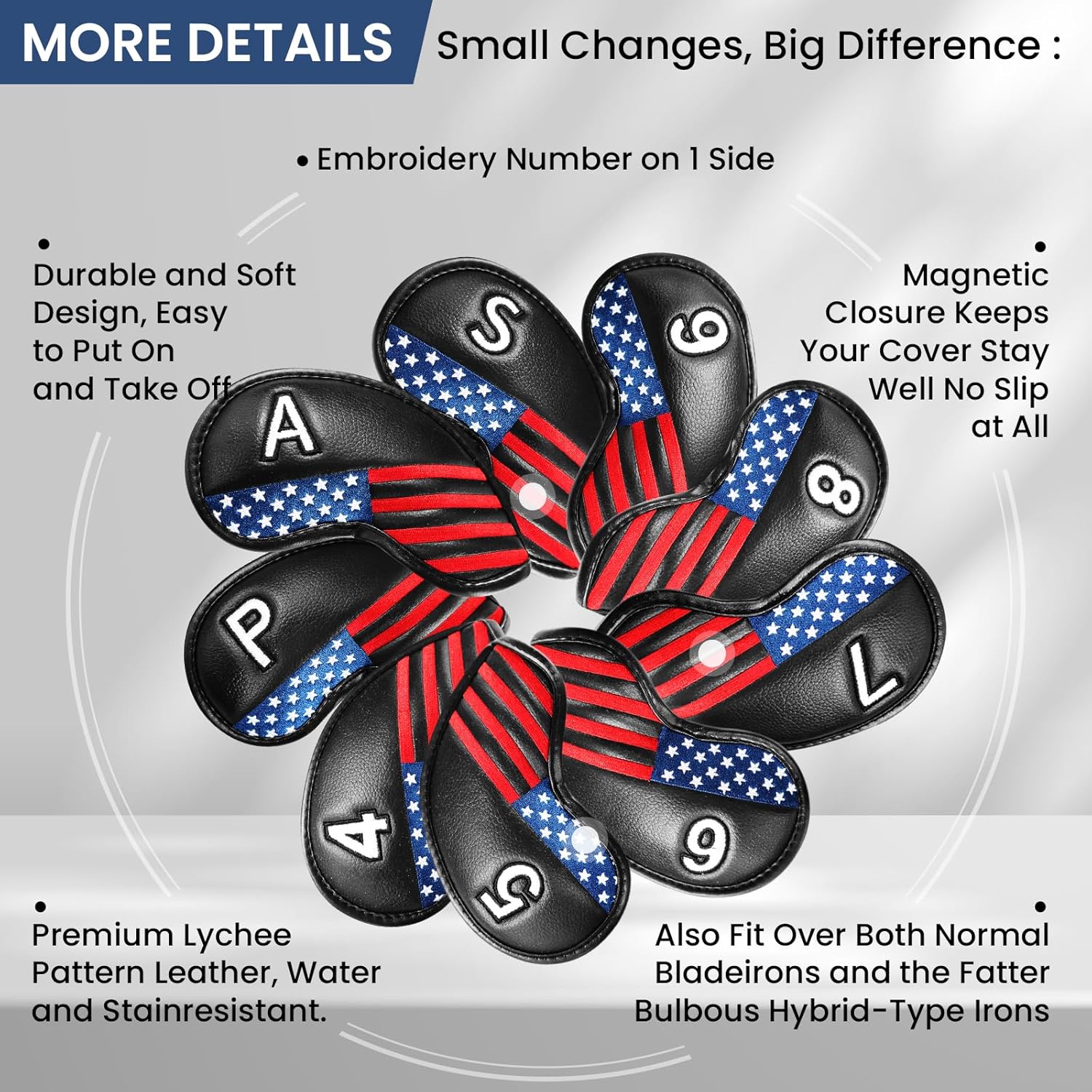 Amy Sport Golf Iron Head Covers Strong Magnetic Closure Value 9 Pack, Premium Synthetic Leather Deluxe Headcovers USA Flag Design, Universal Head Cover Fit Main Irons Clubs
