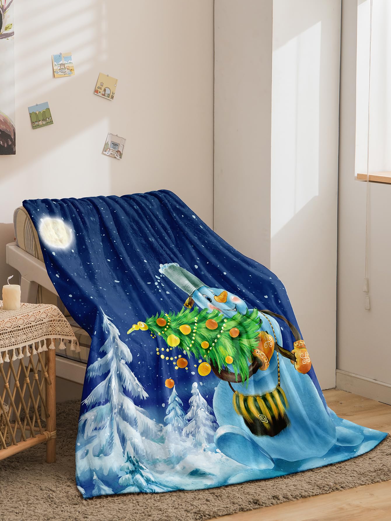 BCJMKDX Blanket, Throw Blanket Blue Snowman Fleece Fluffy Super Warm Cozy(130x150cm)