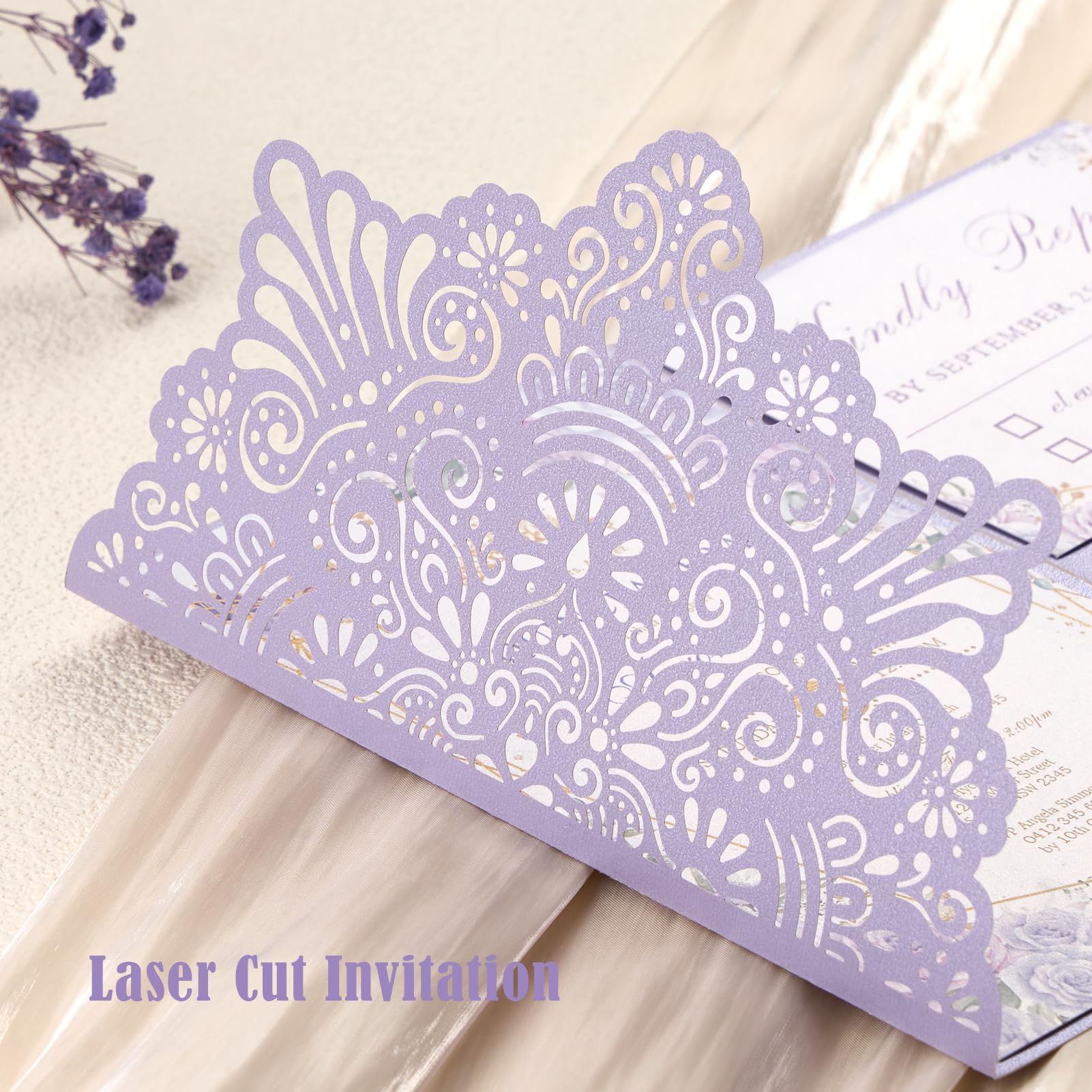 Hochzeitseinladungen, personalisierbar, lasergeschnitten, mit Umschlägen und RSVP-Karten für Verlobung, Quinceanera, Brautparty, Geburtstag, Lila, 50 Stück