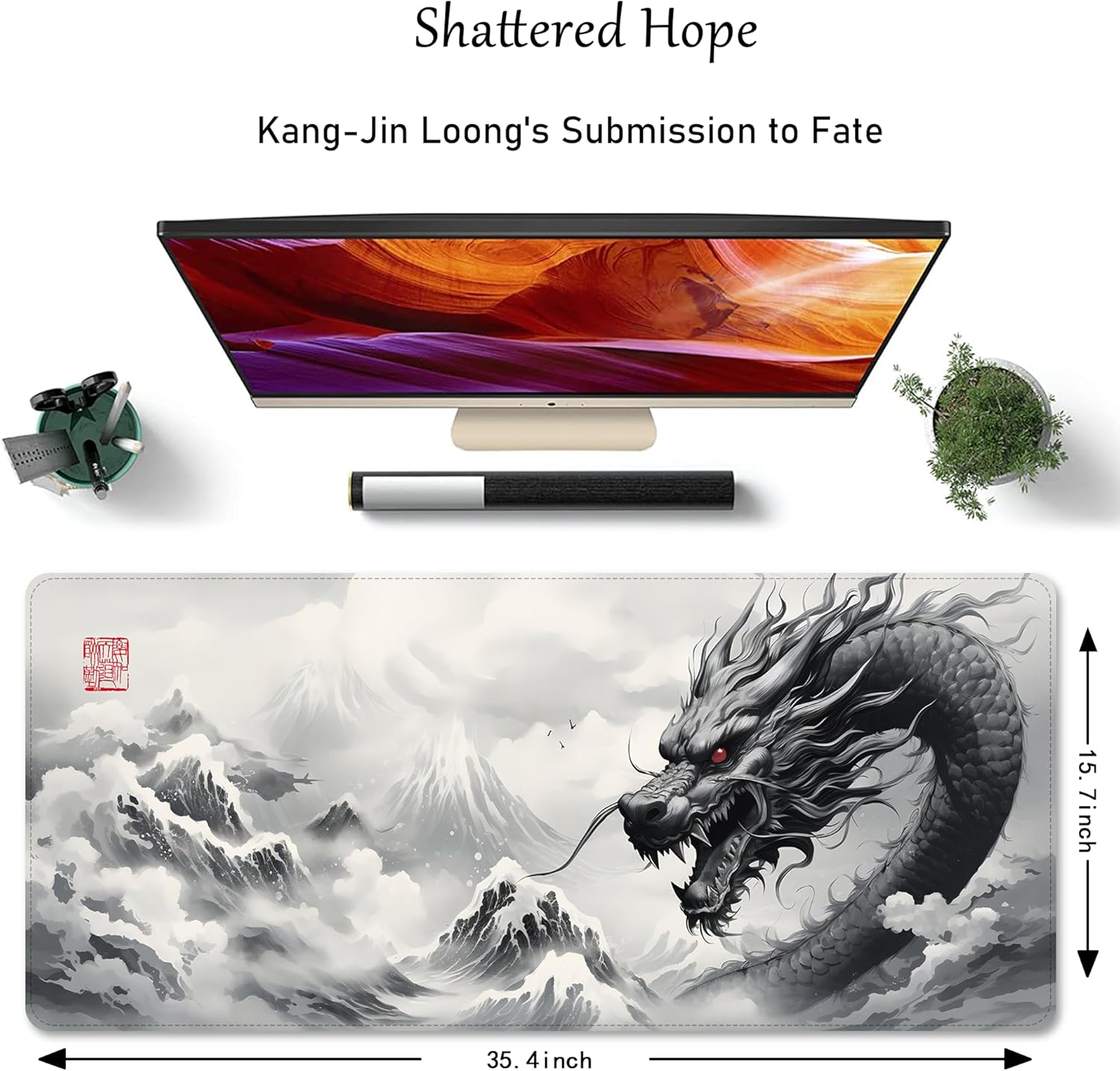 ProbTis Black and White Dragon Mouse Pad, Large Japanese Desk Mat, XXL Anime Gaming Keyboard Mat, Oriental Decor, Big Extended Desk Protector for Home Office, 35.4"x15.7" (Dragon BW) - Image 6